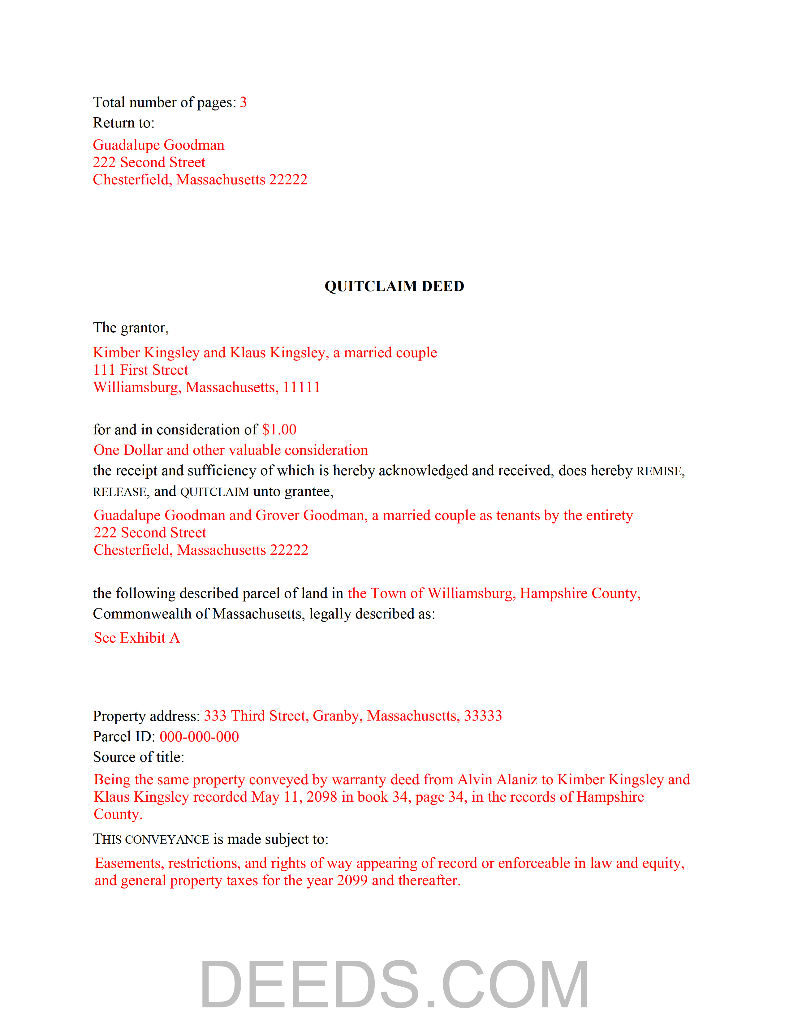 Worcester County Completed Example of the Quitclaim Deed Document