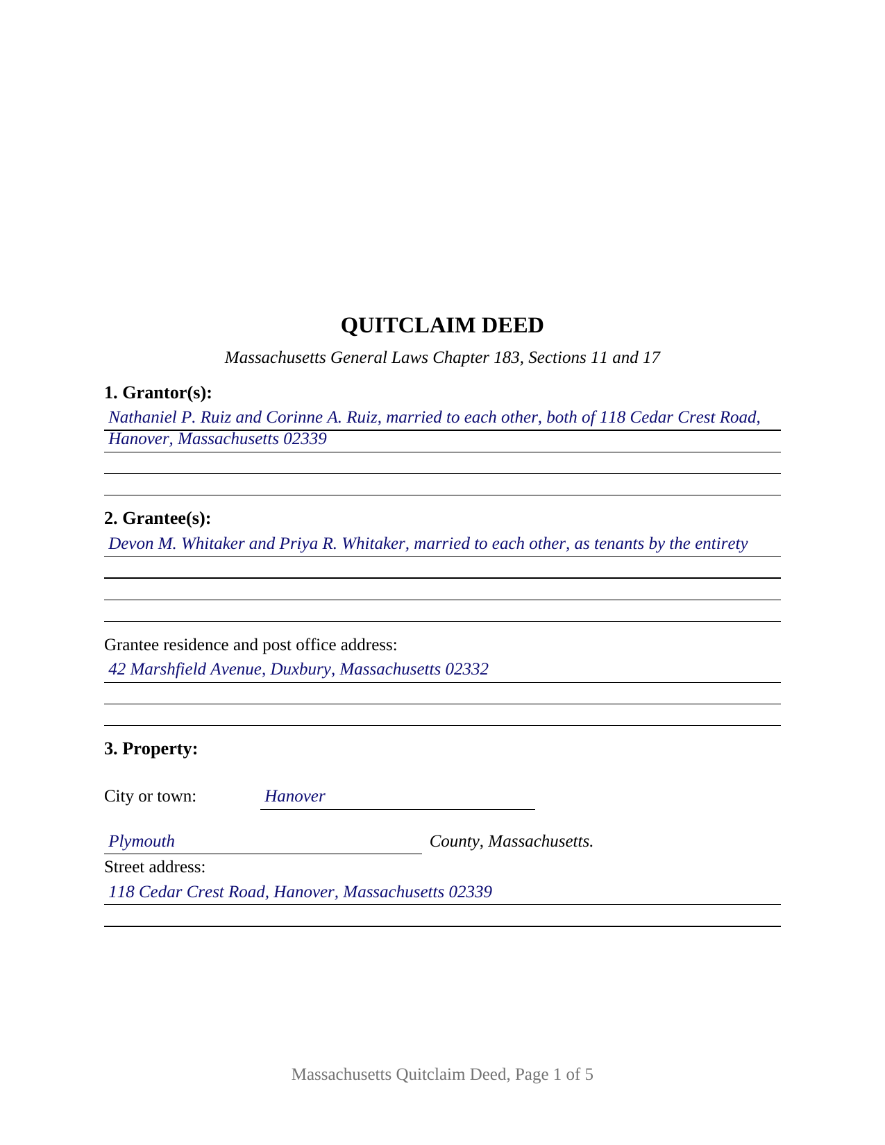 Plymouth County Completed Example of the Quitclaim Deed Document