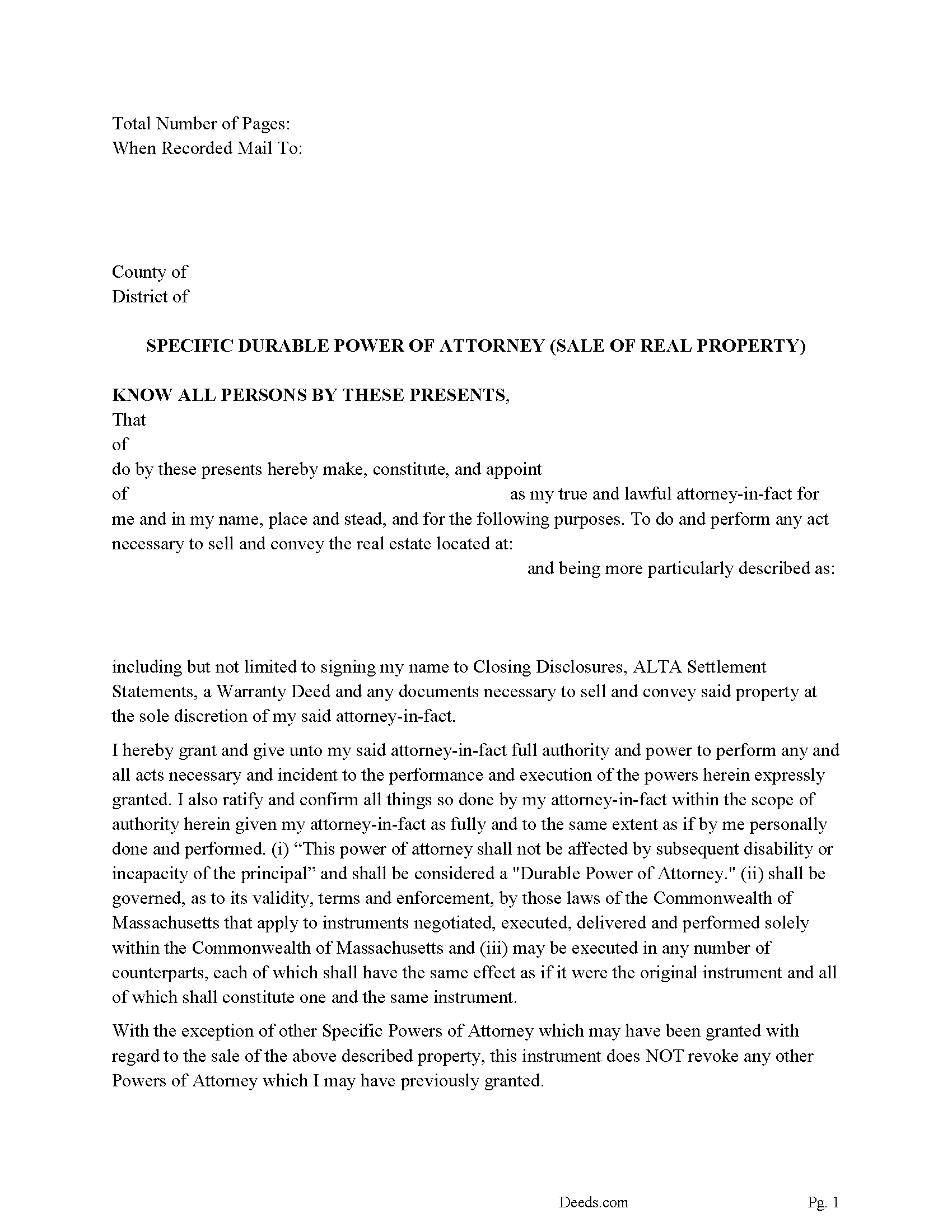 Worcester County Specific Power of Attorney Sale of Property Form