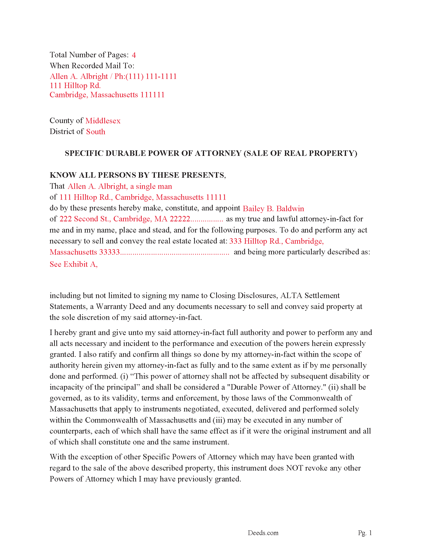 Worcester County Completed Example of the Specific Power of Attorney Document