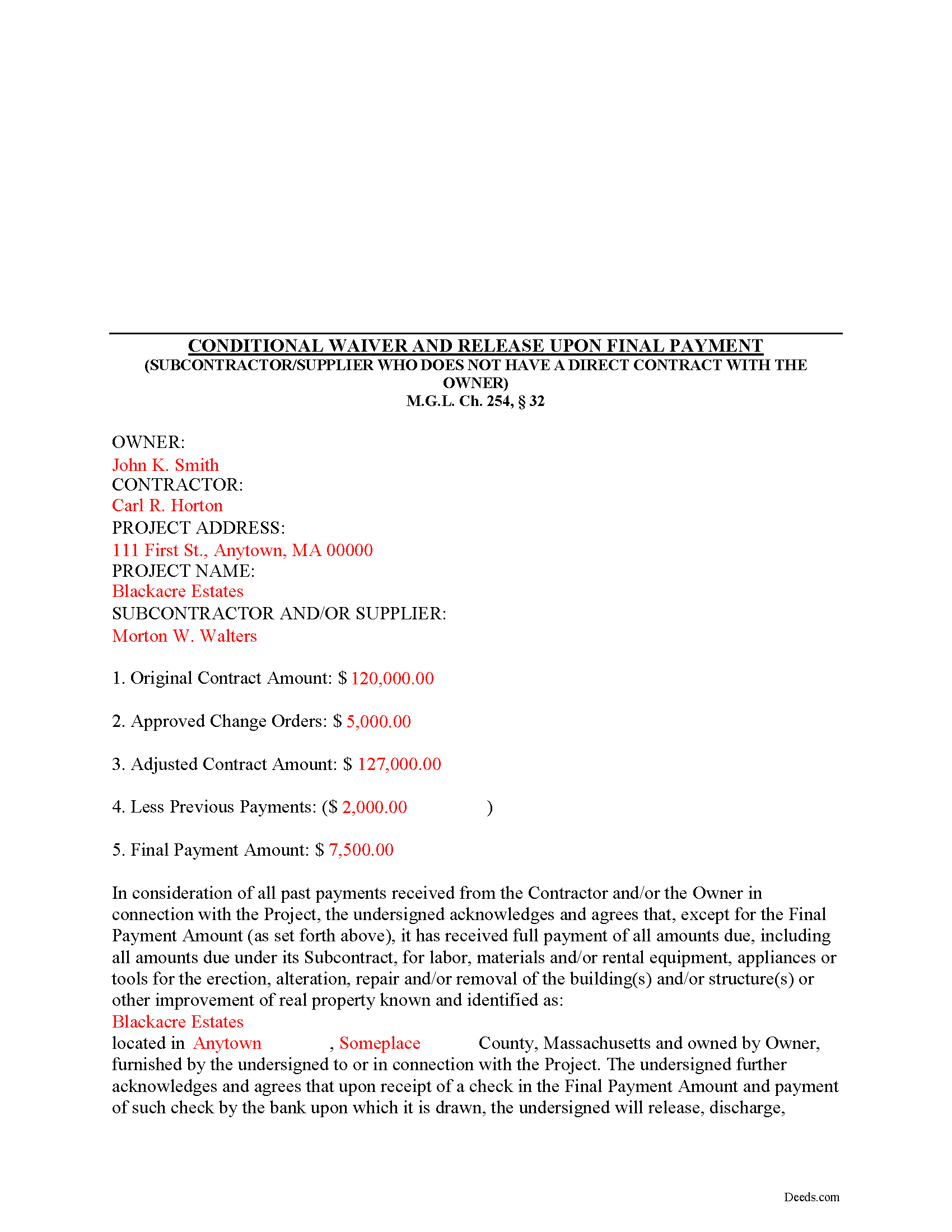 Completed Example of the Subcontractor Full Conditional Lien Waiver Document