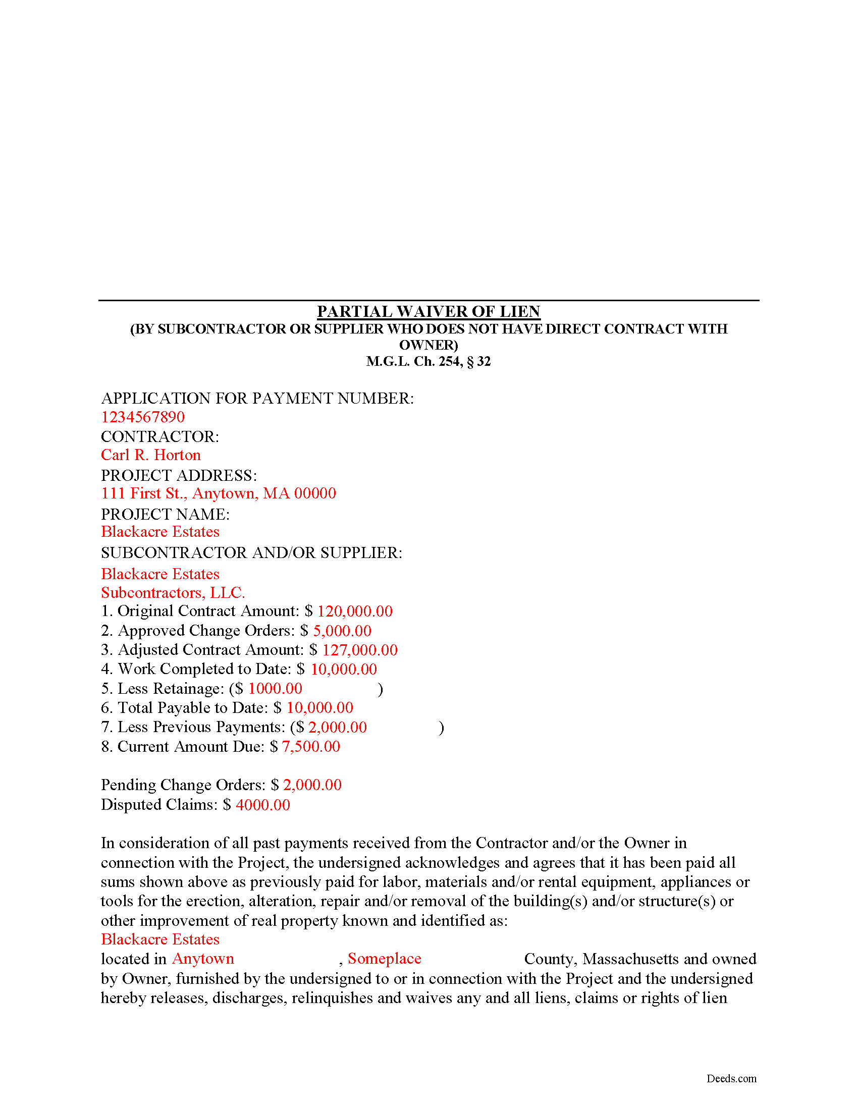 Completed Example of the Subcontractor Partial Waiver and Subordination of Lien Document