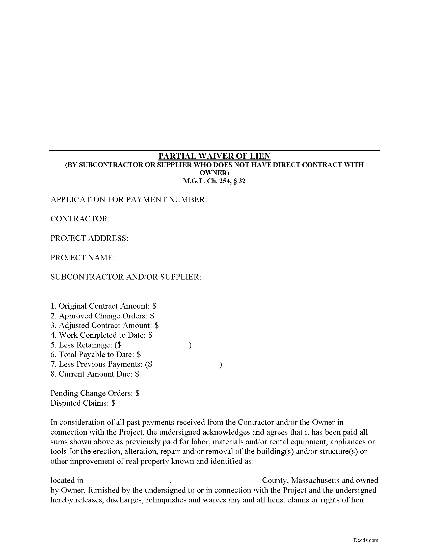 Franklin County Subcontractor Partial Waiver and Subordination of Lien Form