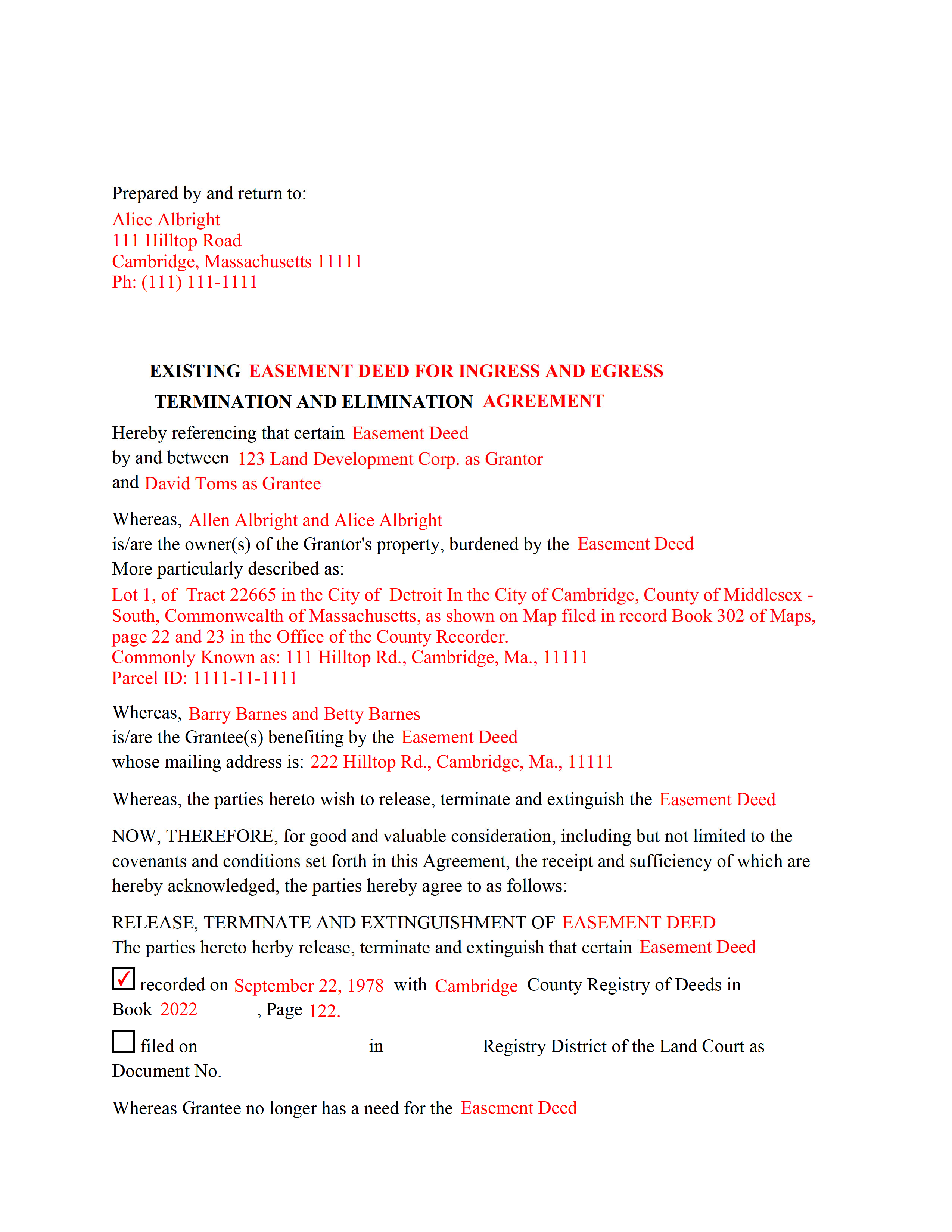 Bristol County Completed Example of the Release of Easement Document