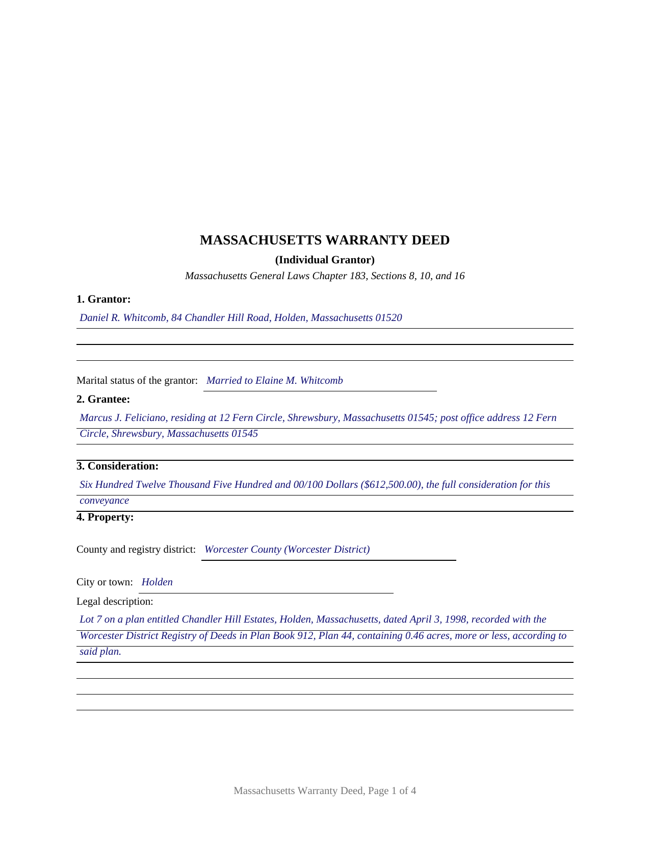 Bristol County Completed Example of the Warranty Deed (Individual Grantor) Document