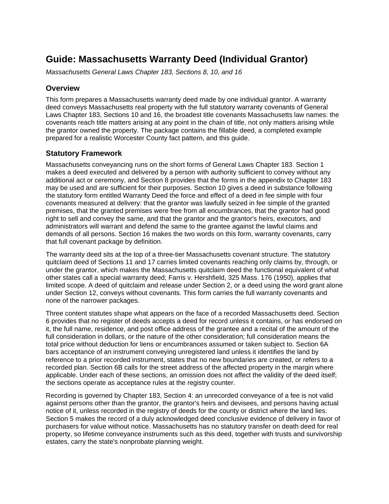 Bristol County Warranty Deed (Individual Grantor) Guide