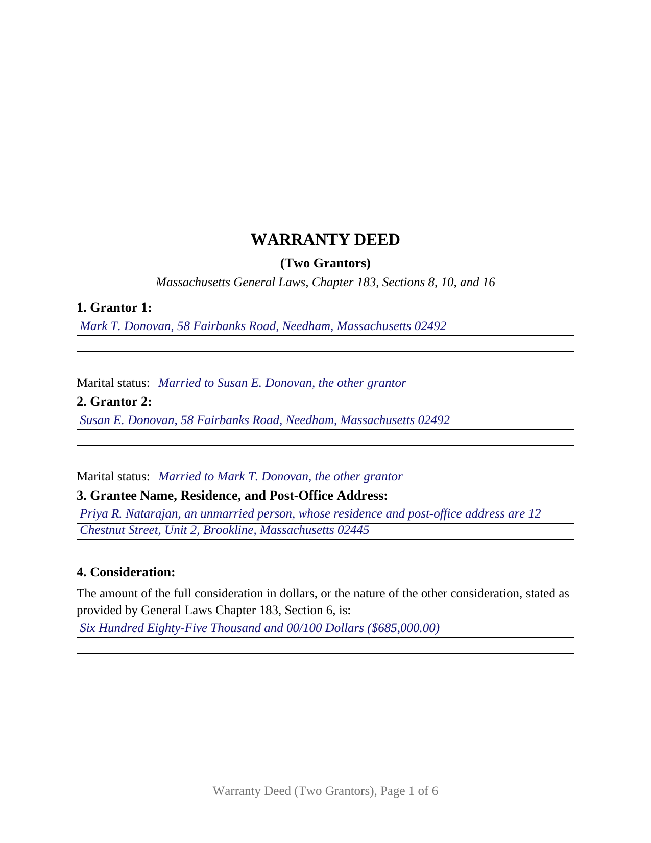 Norfolk County Completed Example of the Warranty Deed (Two Grantors) Document