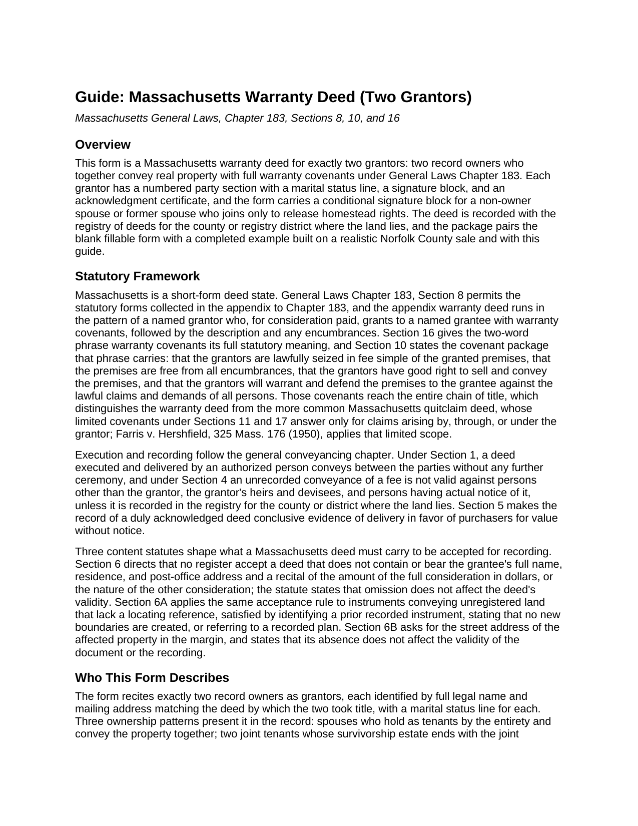 Norfolk County Warranty Deed (Two Grantors) Guide