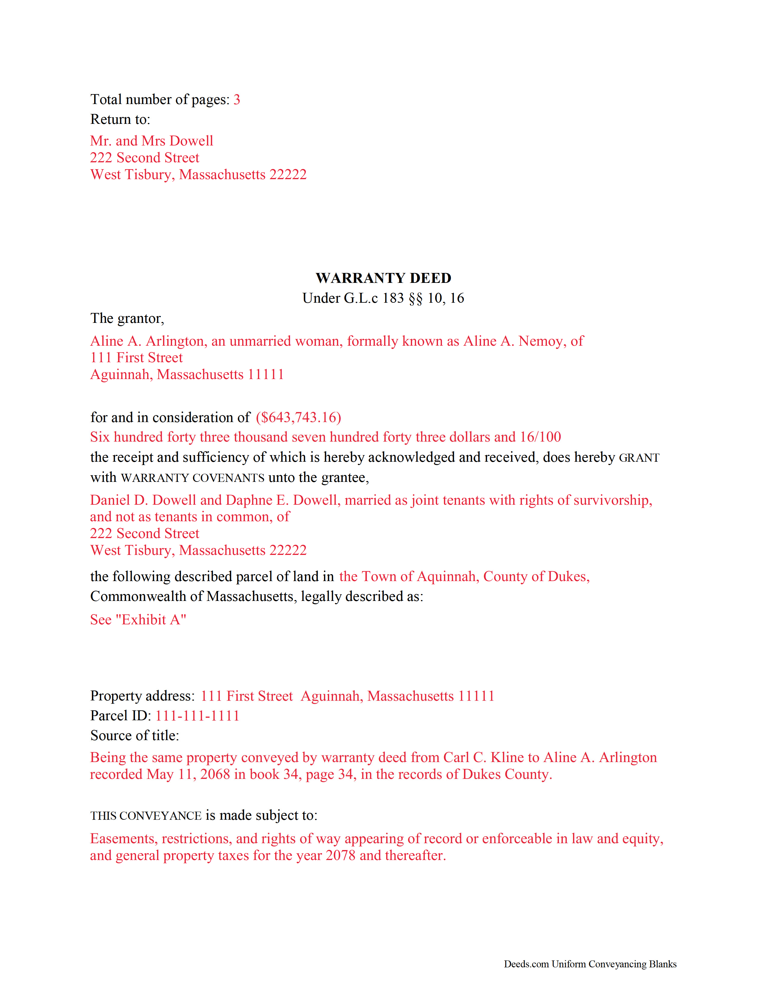 Nantucket County Completed Example of the Warranty Deed Document