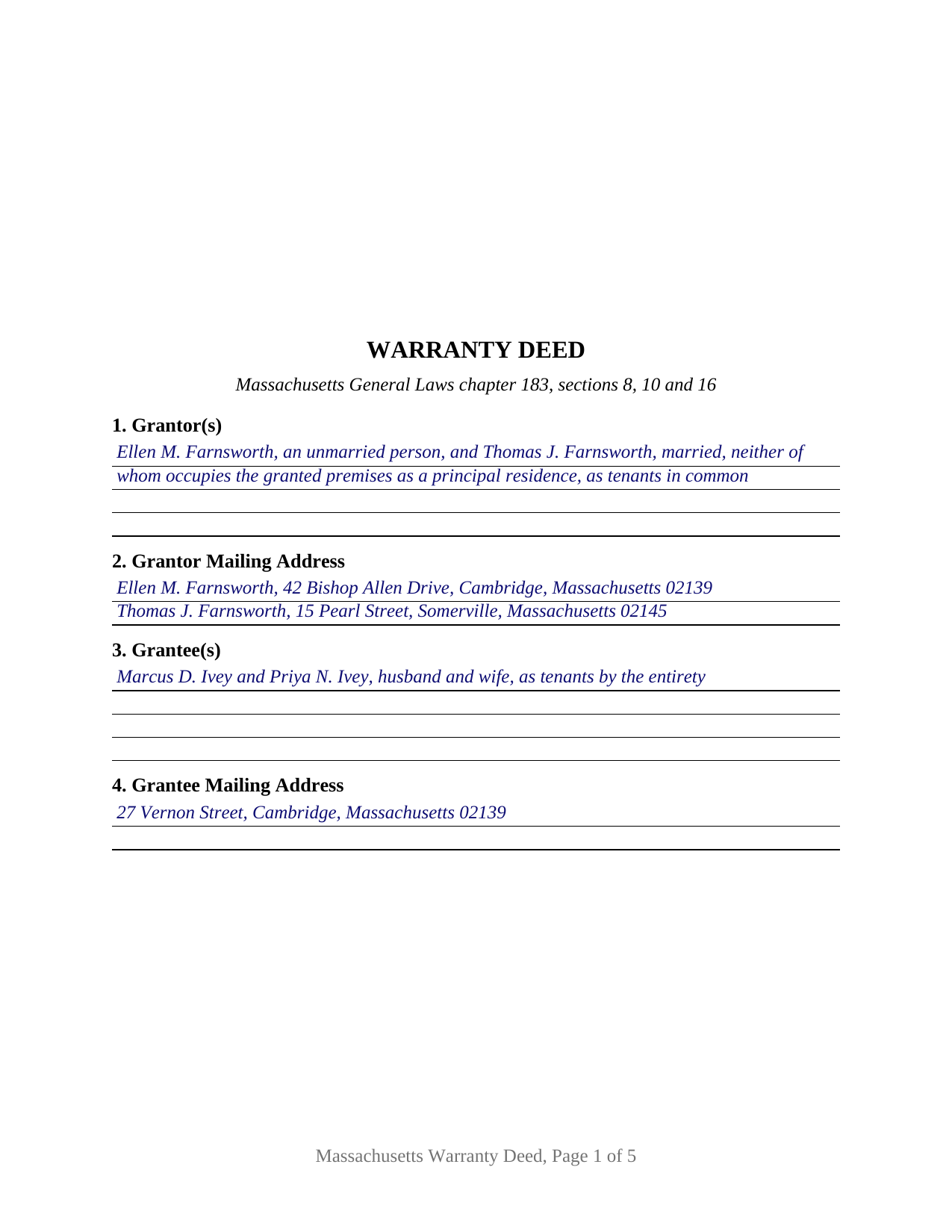 Bristol County Completed Example of the Warranty Deed Document