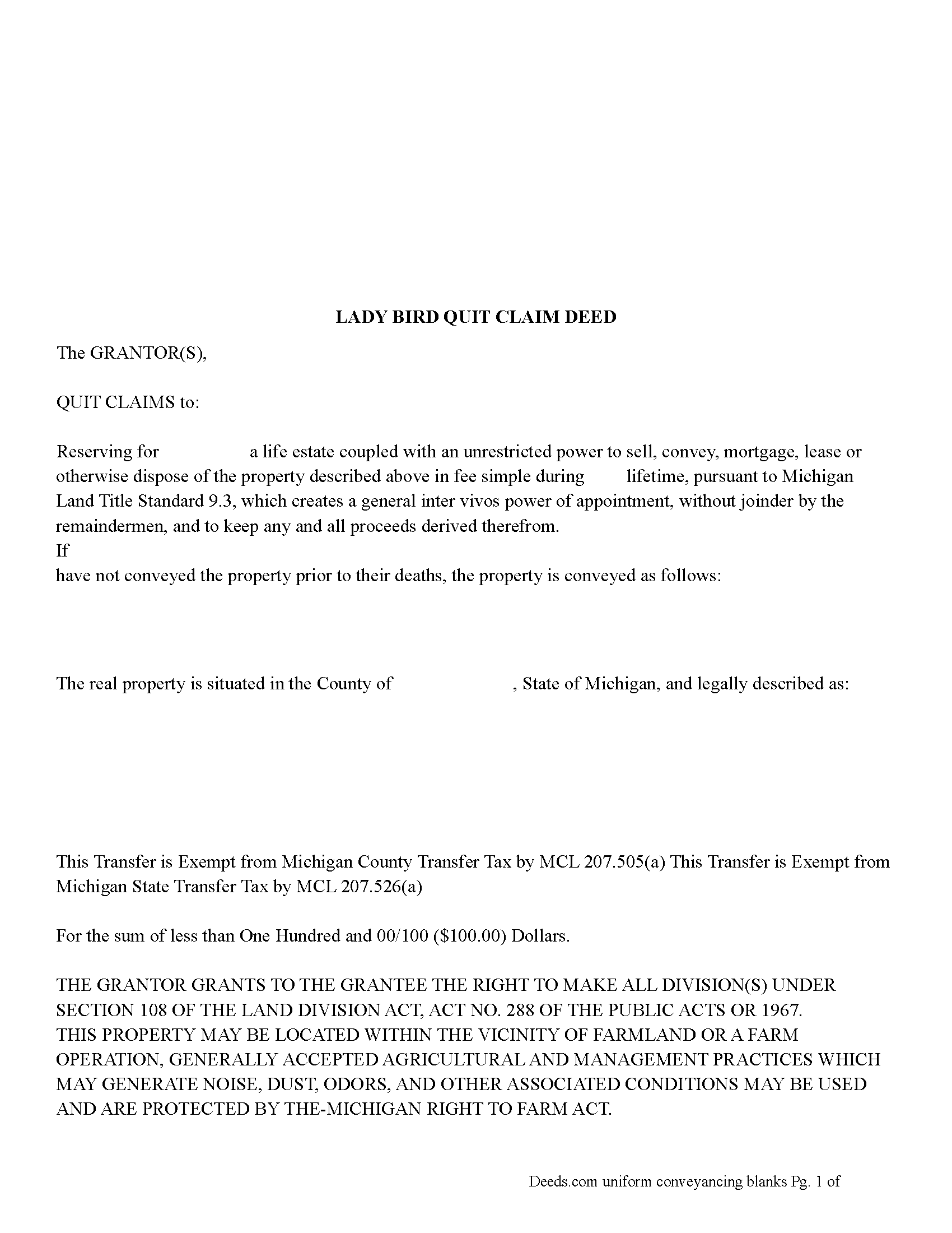 Michigan Lady Bird Quitclaim Deed Forms Deeds com Michigan Lady Bird Quitclaim Deed Forms Deeds com