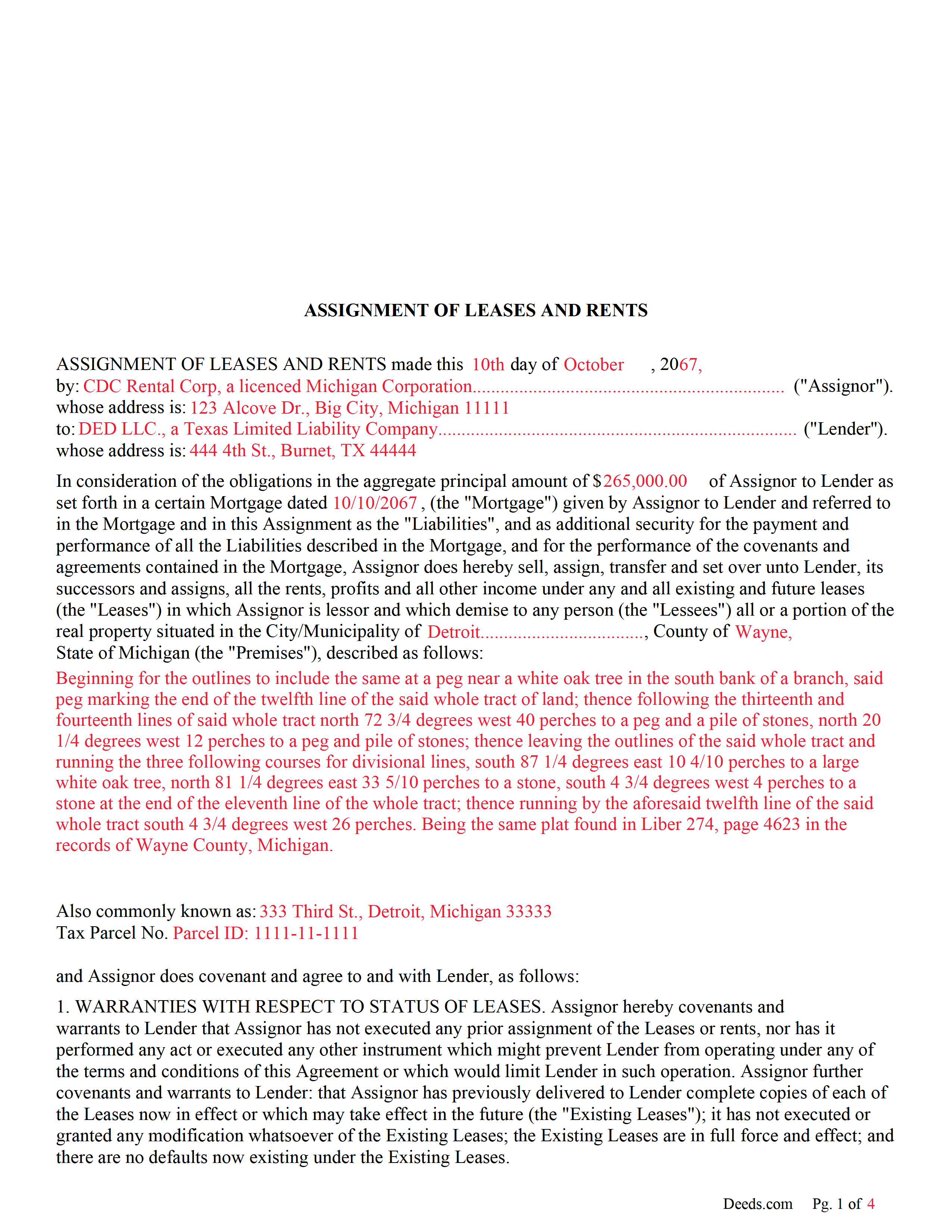 Newaygo County Completed Example of the Assignment of Leases and Rents Document