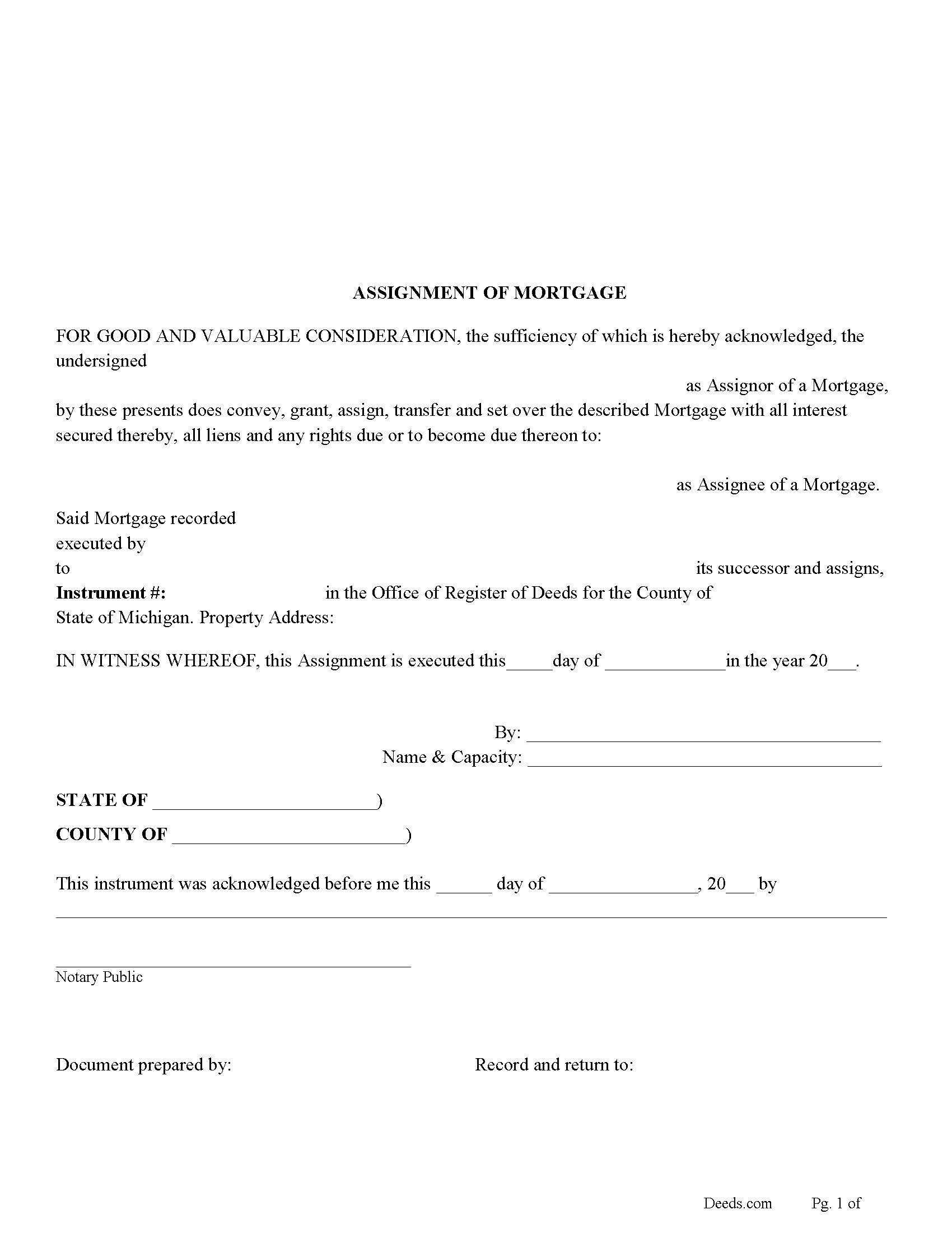 Newaygo County Assignment of Mortgage Form
