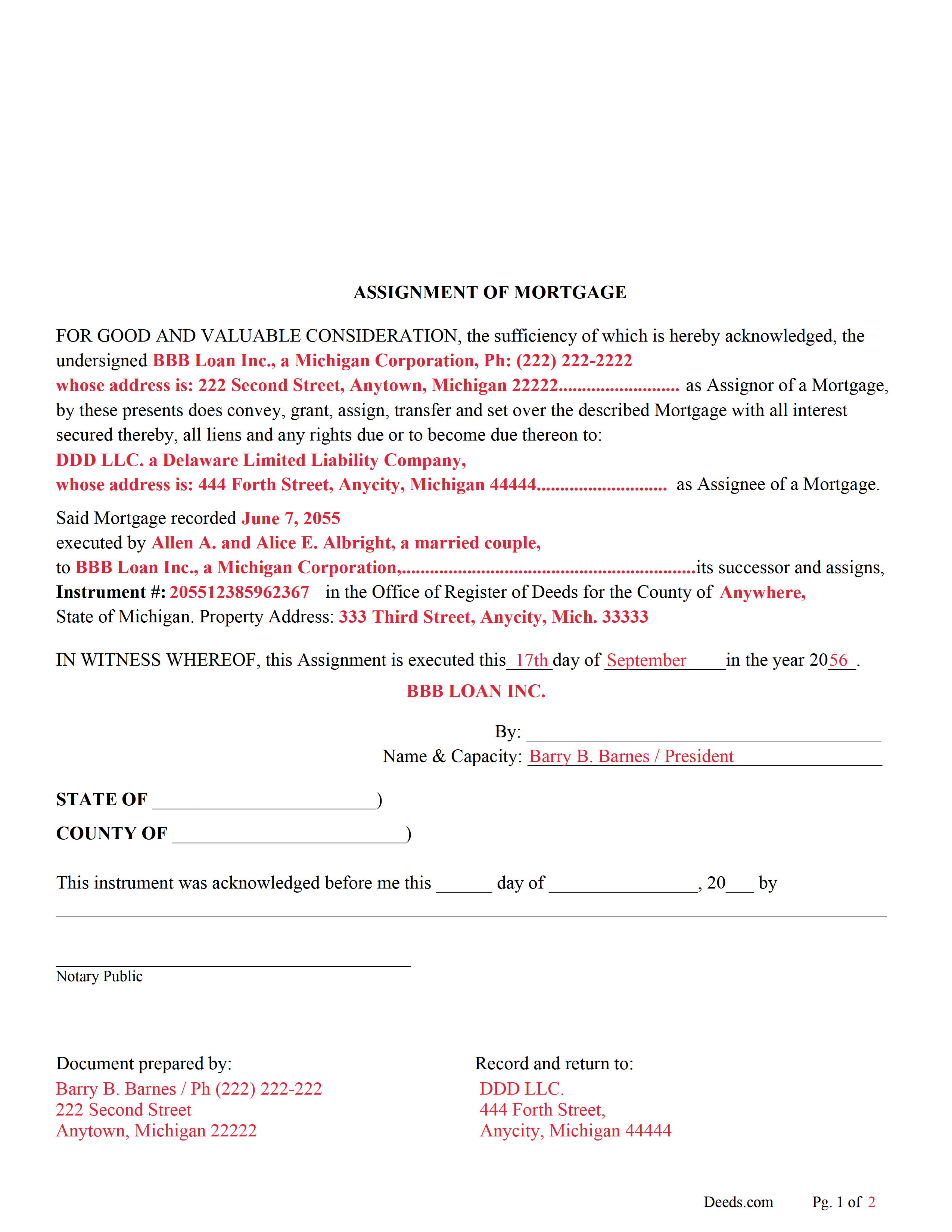 Grand Traverse County Assignment of Mortgage Form Michigan