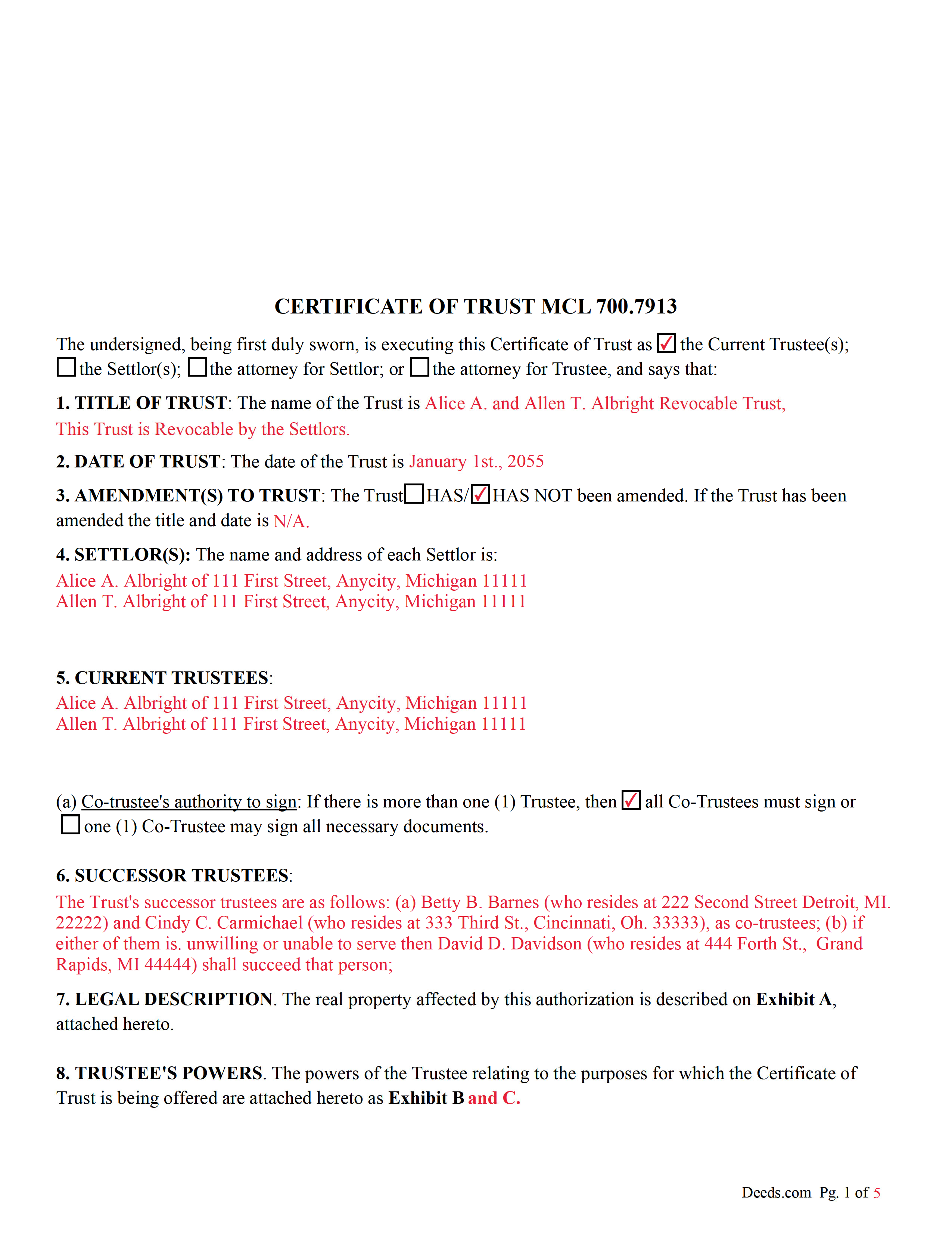 Completed Example of the Certificate of Trust Document