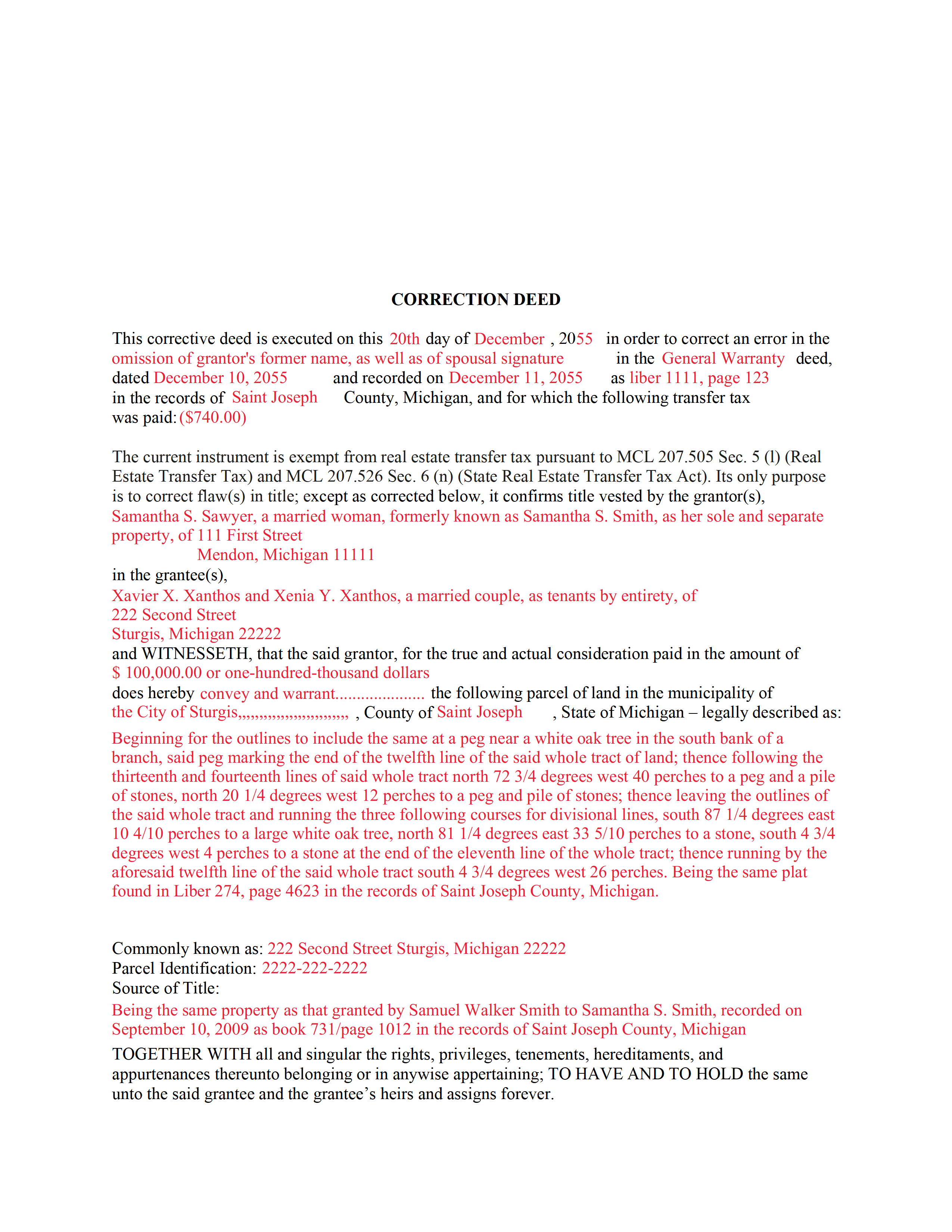 Wayne County Completed Example of the Correction Deed Document