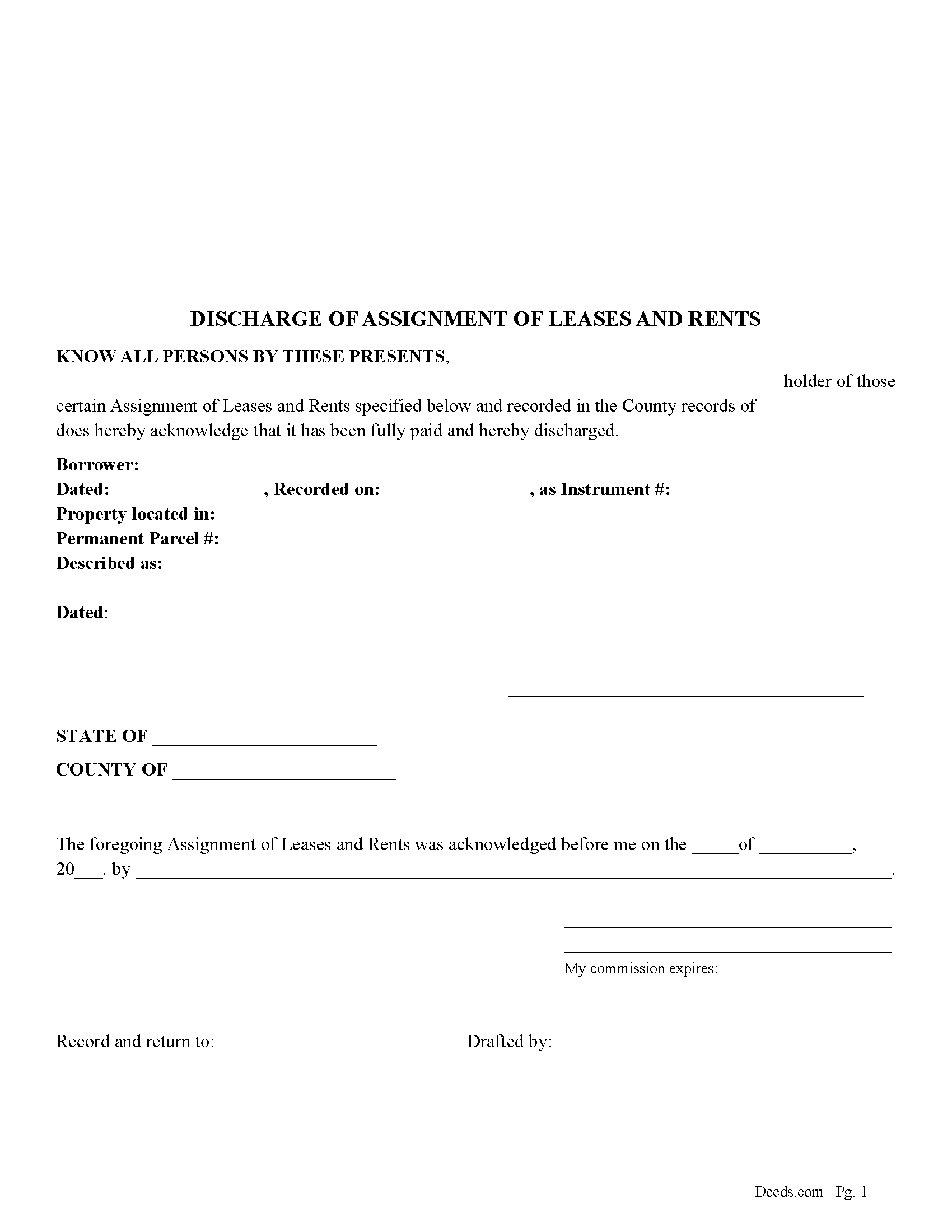 Newaygo County Discharge of Assignment of Leases and Rents Form