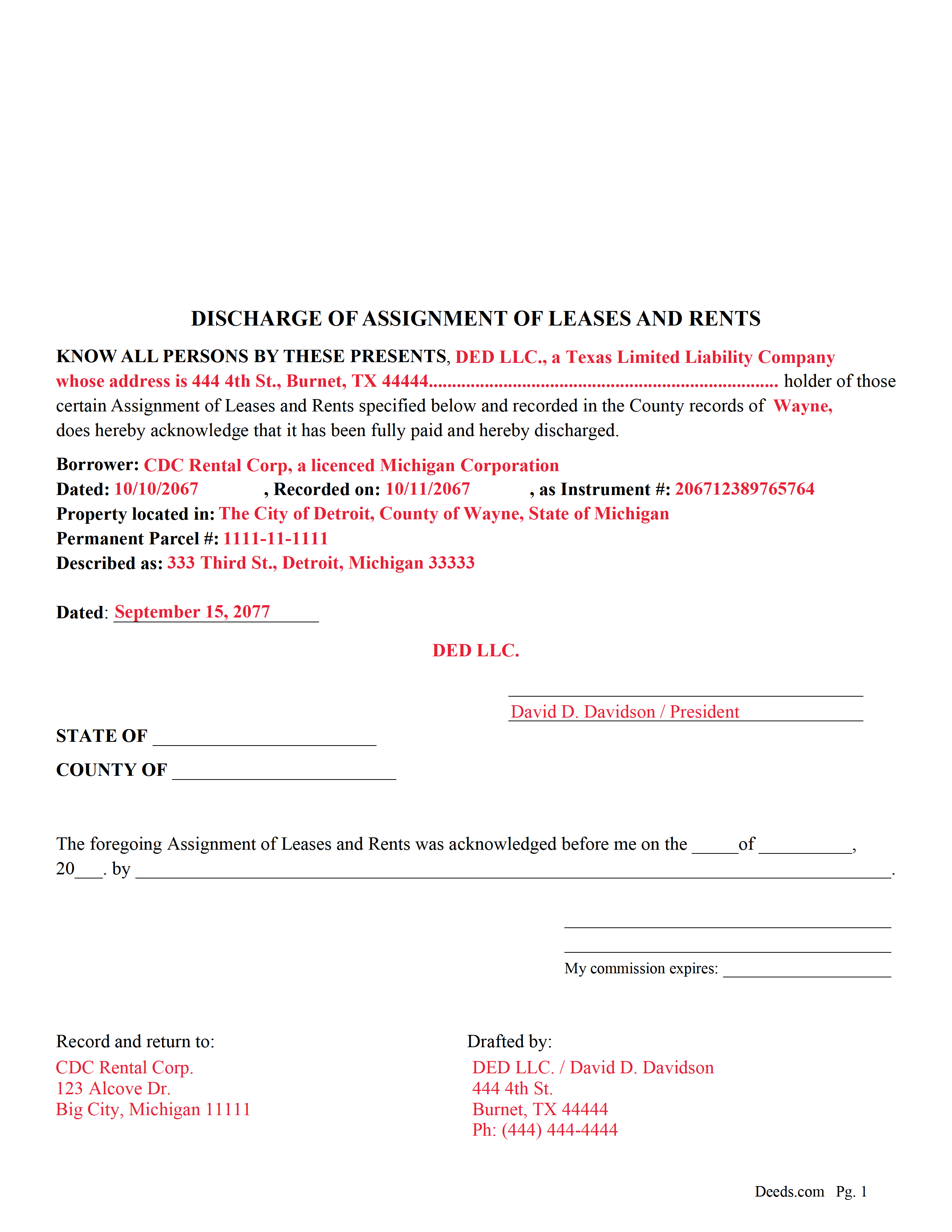 Completed Example of the Discharge of Assignment of Leases and Rents document