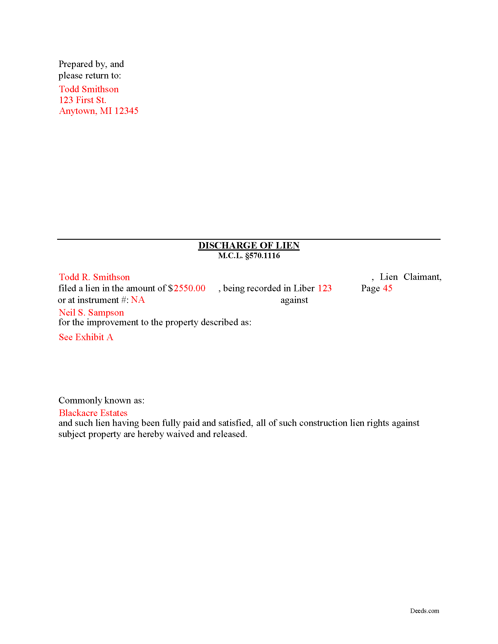 Newaygo County Completed Example of the Discharge of Lien Document