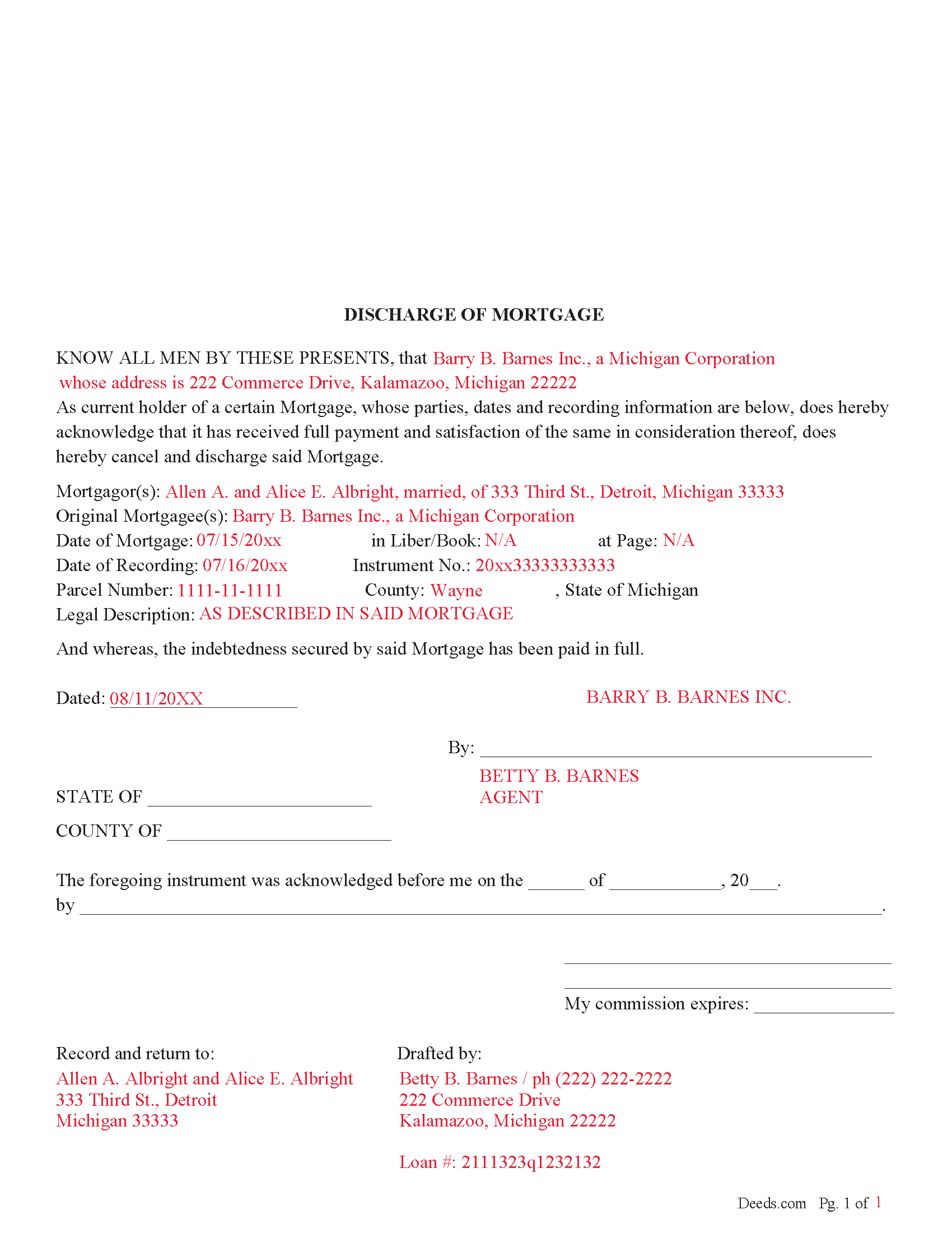 Delta County Completed Example of the Discharge of Mortgage Form