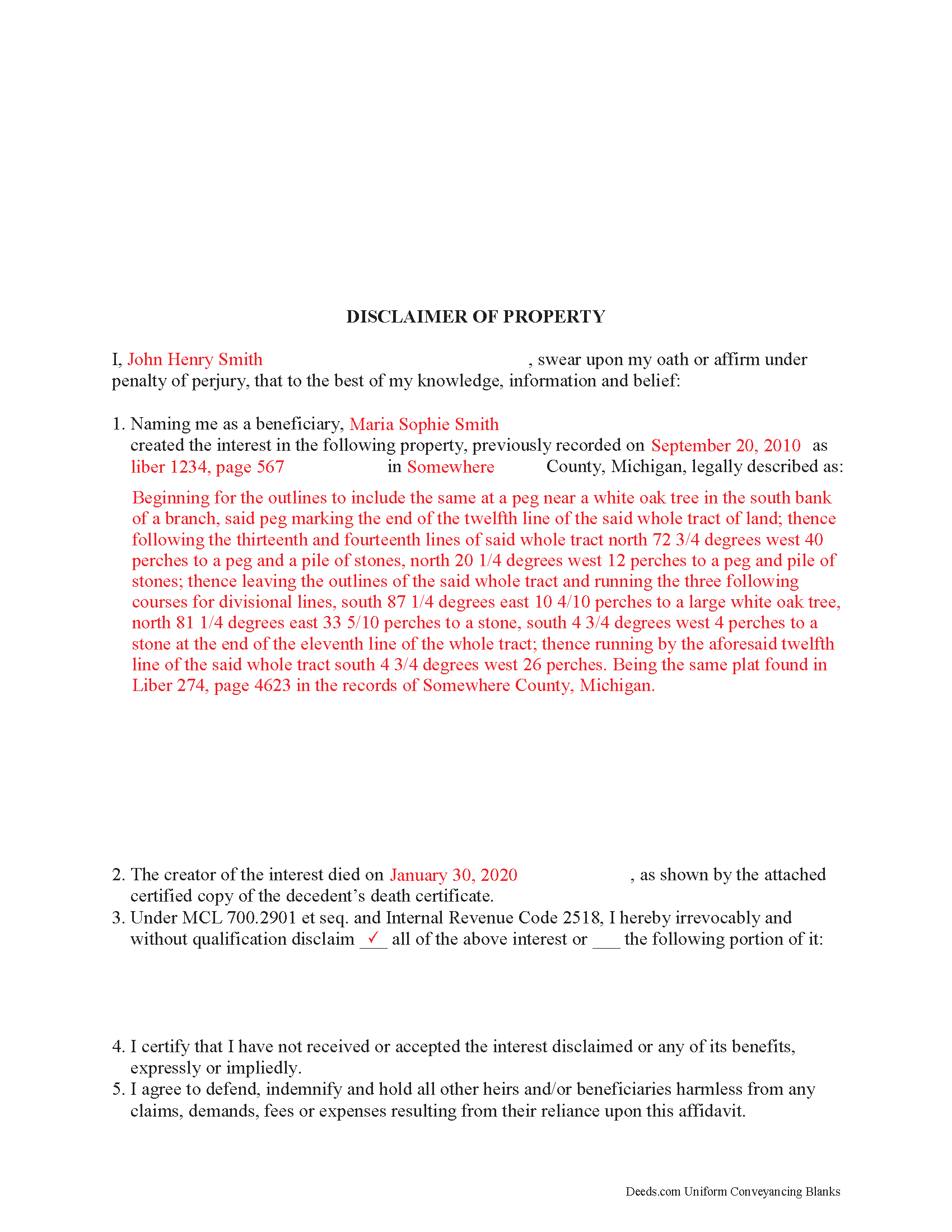 Completed Example of the Disclaimer of Interest Document