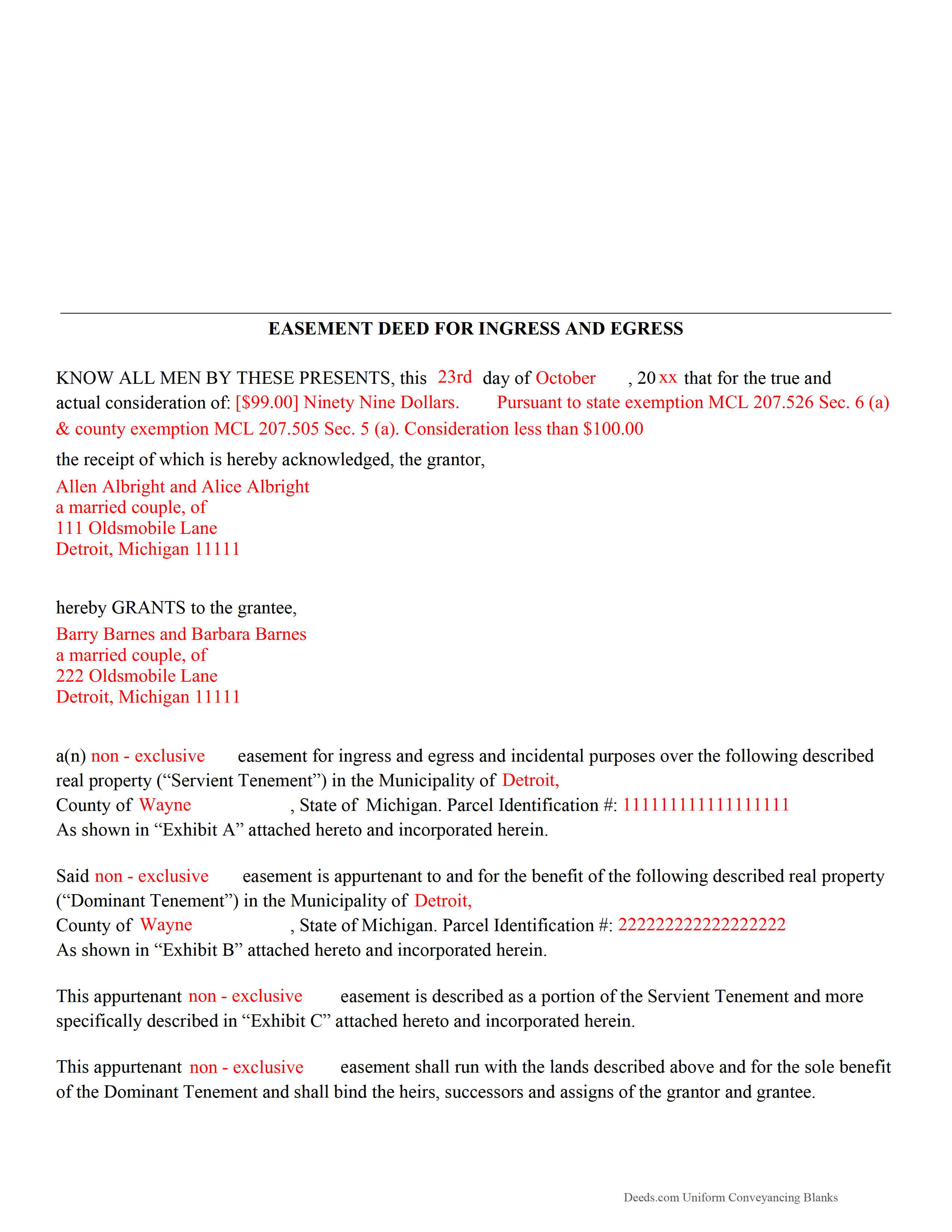 Newaygo County Completed Example of the Easement Deed Document