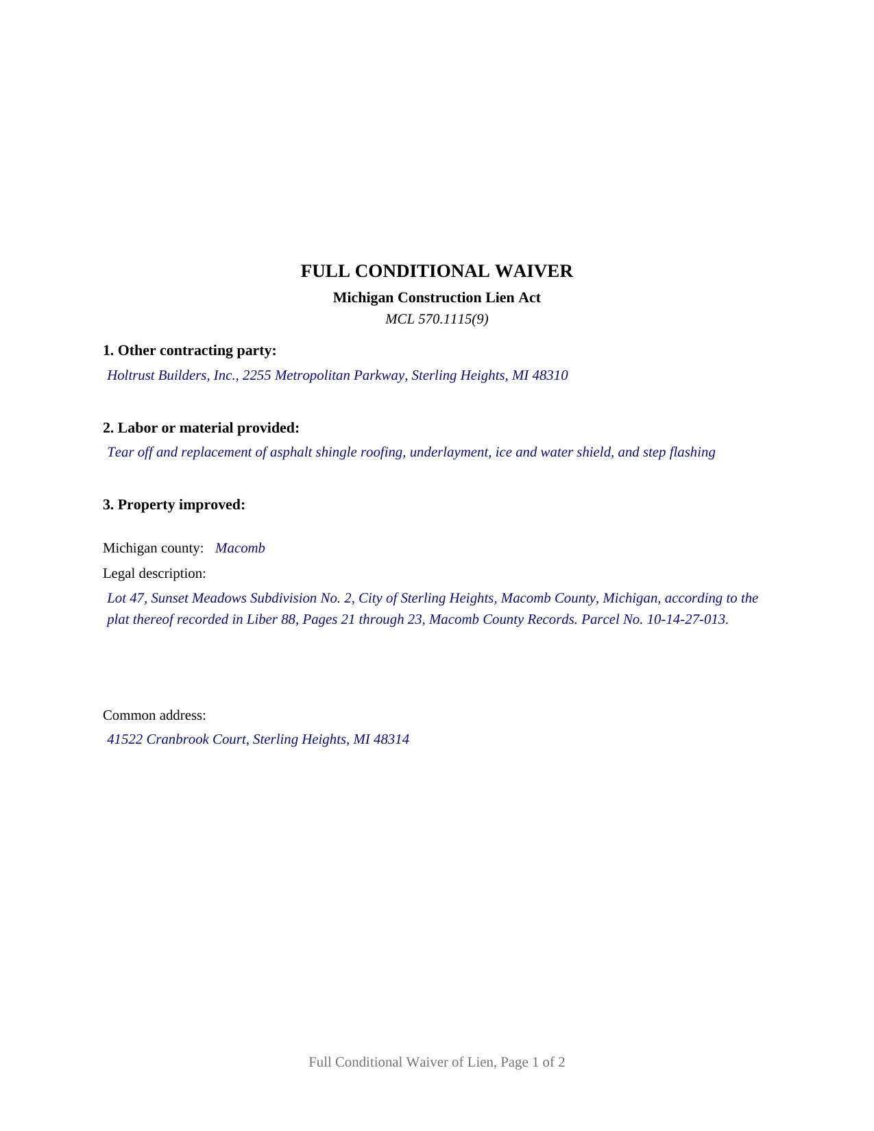 Livingston County Completed Example of the Full Conditional Waiver of Lien Document