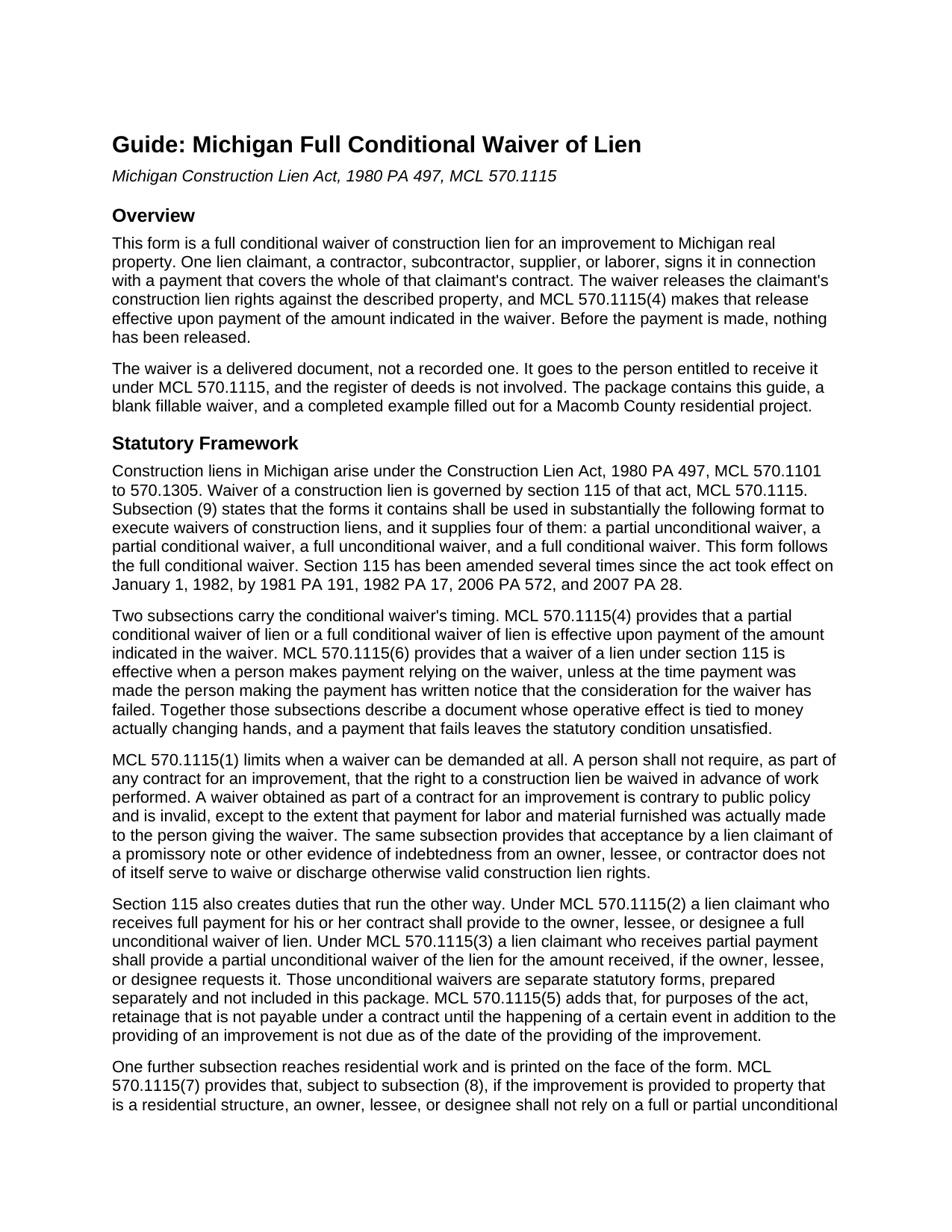 Livingston County Full Conditional Waiver of Lien Guide