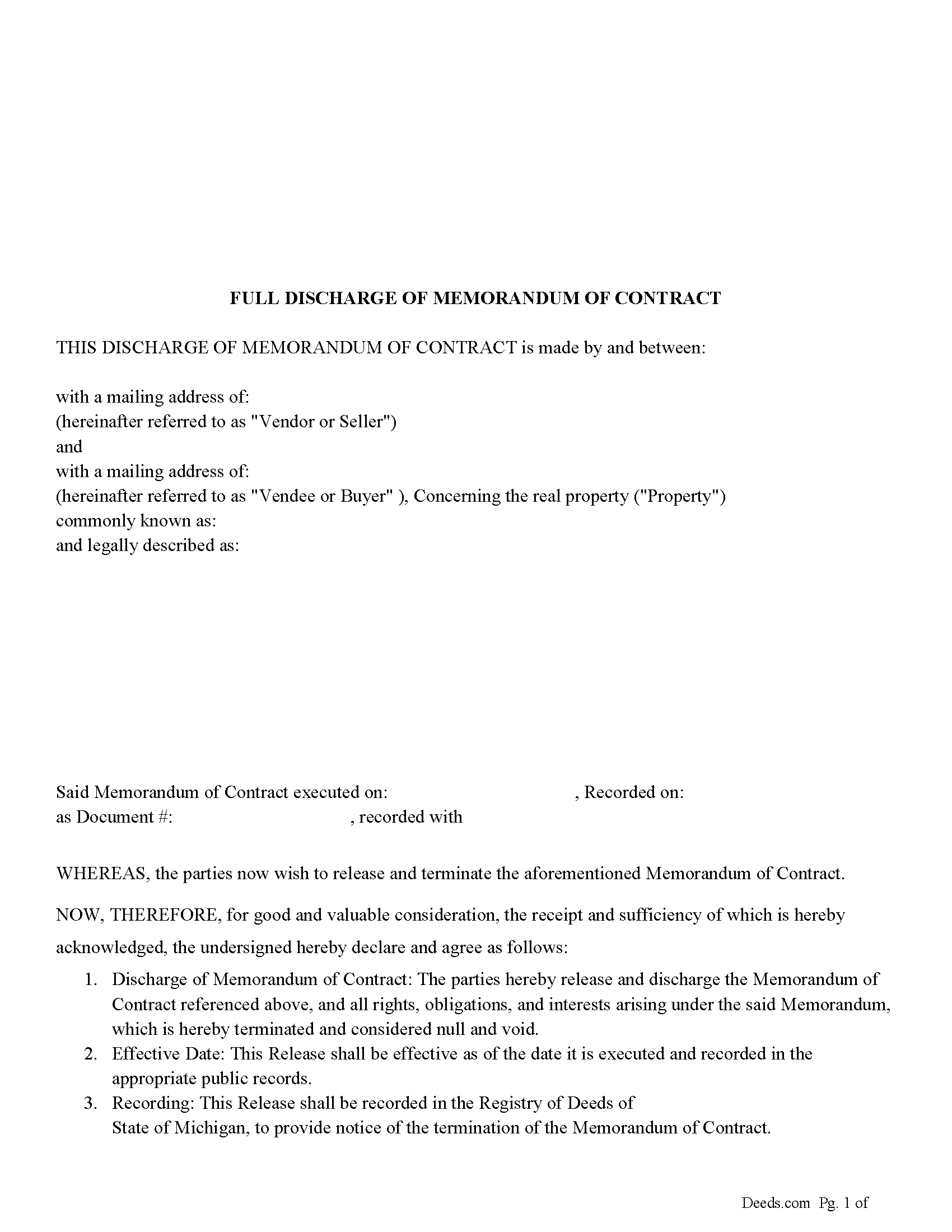 Newaygo County Full Discharge of Memorandum of Contract Form