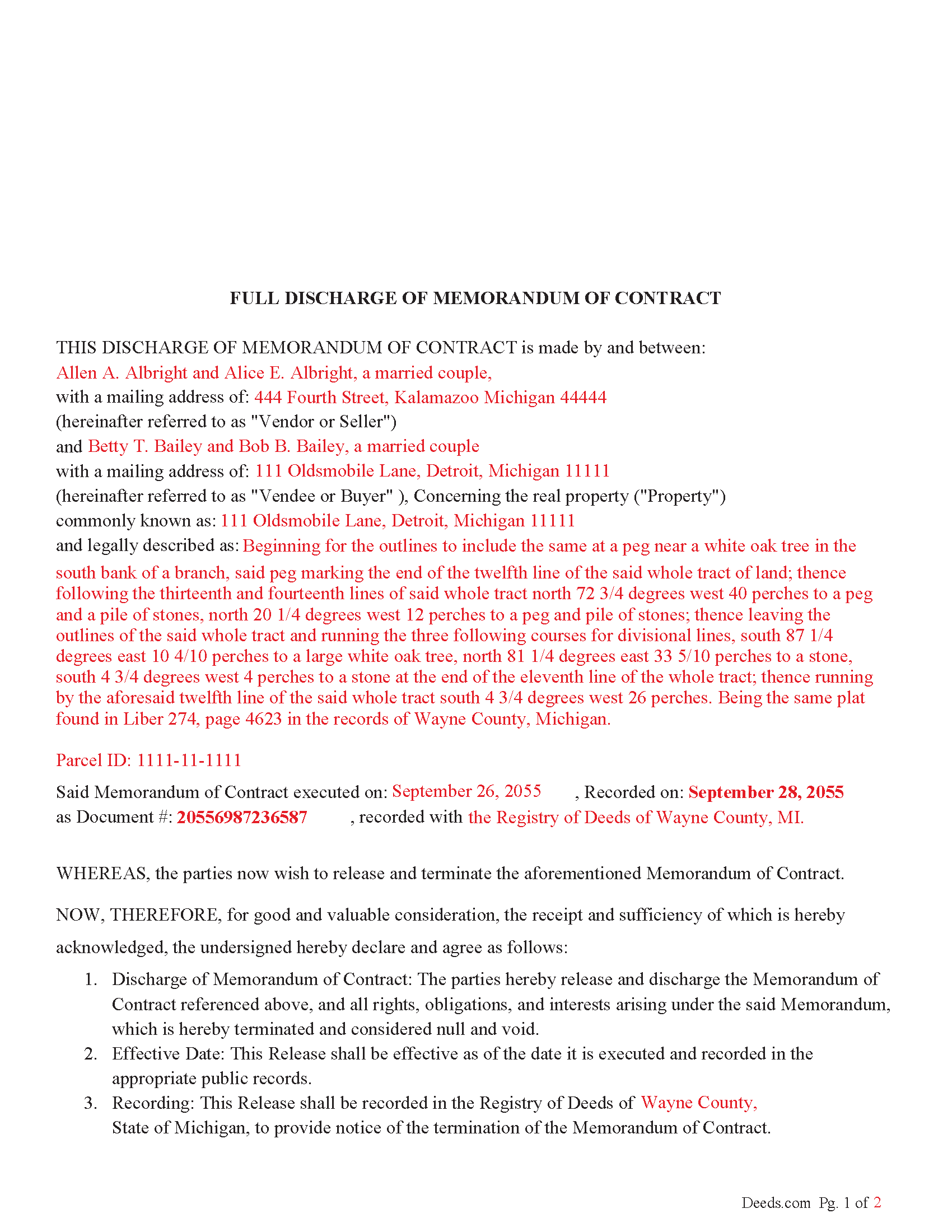 Newaygo County Completed Example of the Full Discharge of Memorandum of Contract Document