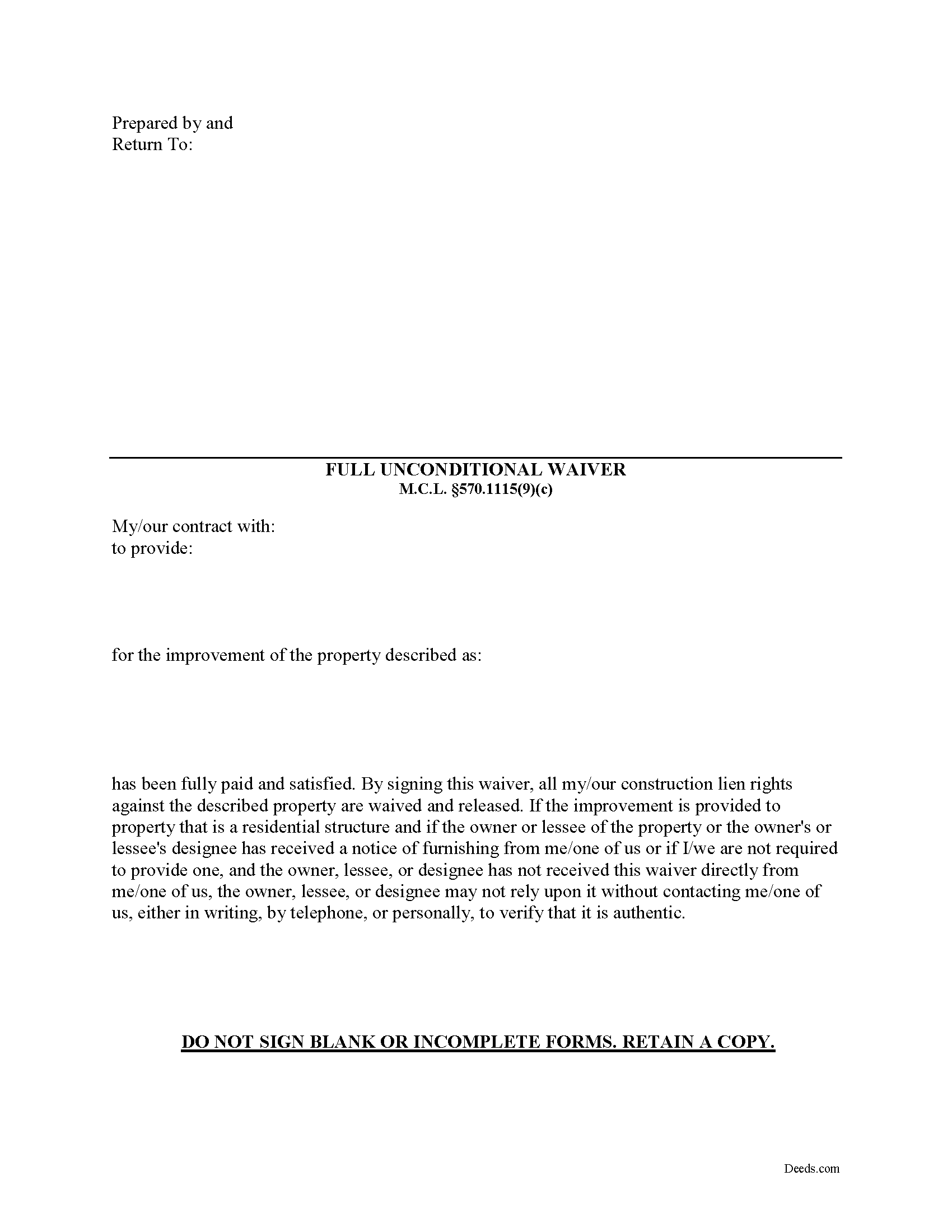 Delta County Full Unconditional Waiver of Lien Form