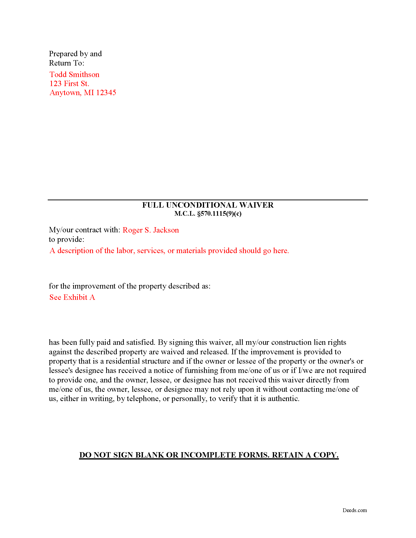Delta County Completed Example of the Full Unconditional Waiver of Lien Document