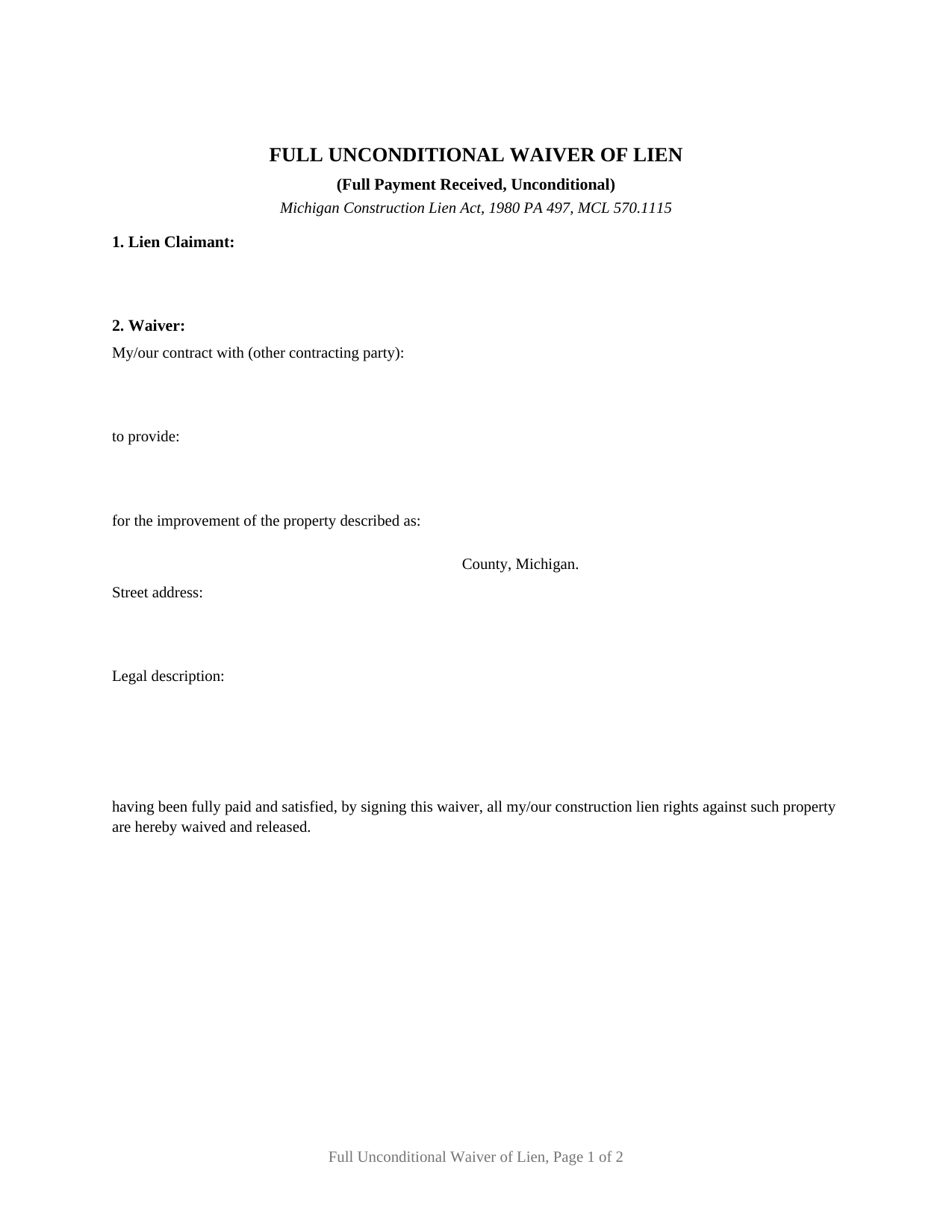 Delta County Full Unconditional Waiver of Lien Form