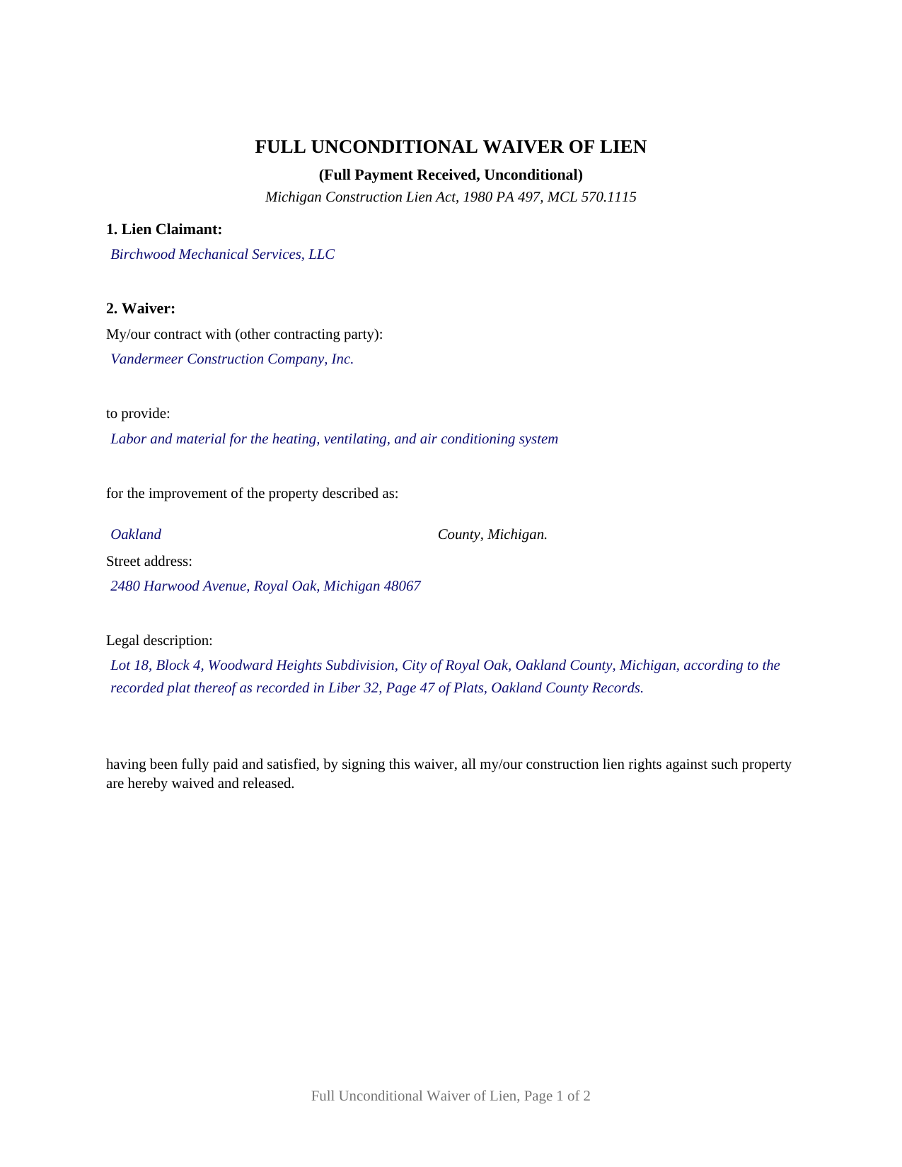 Delta County Completed Example of the Full Unconditional Waiver of Lien Document