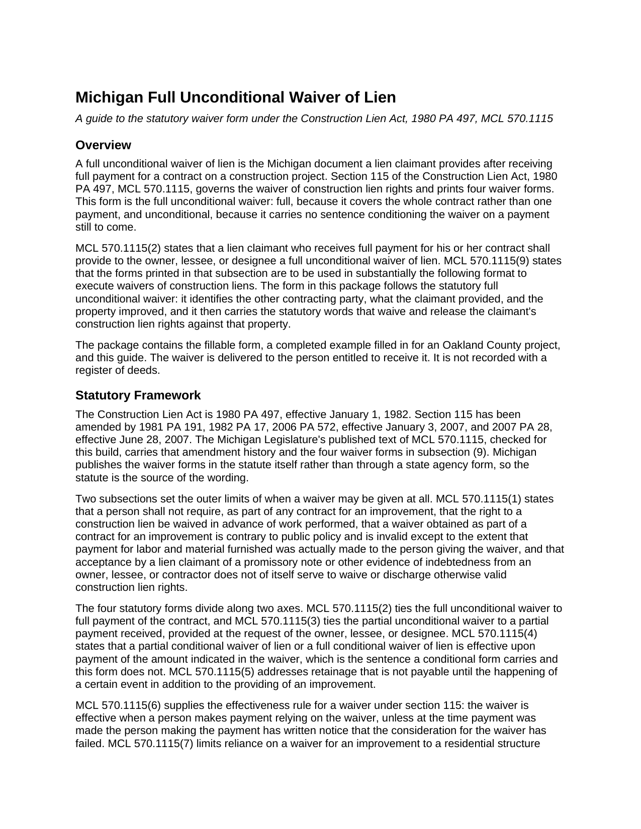 Delta County Full Unconditional Waiver of Lien Guide