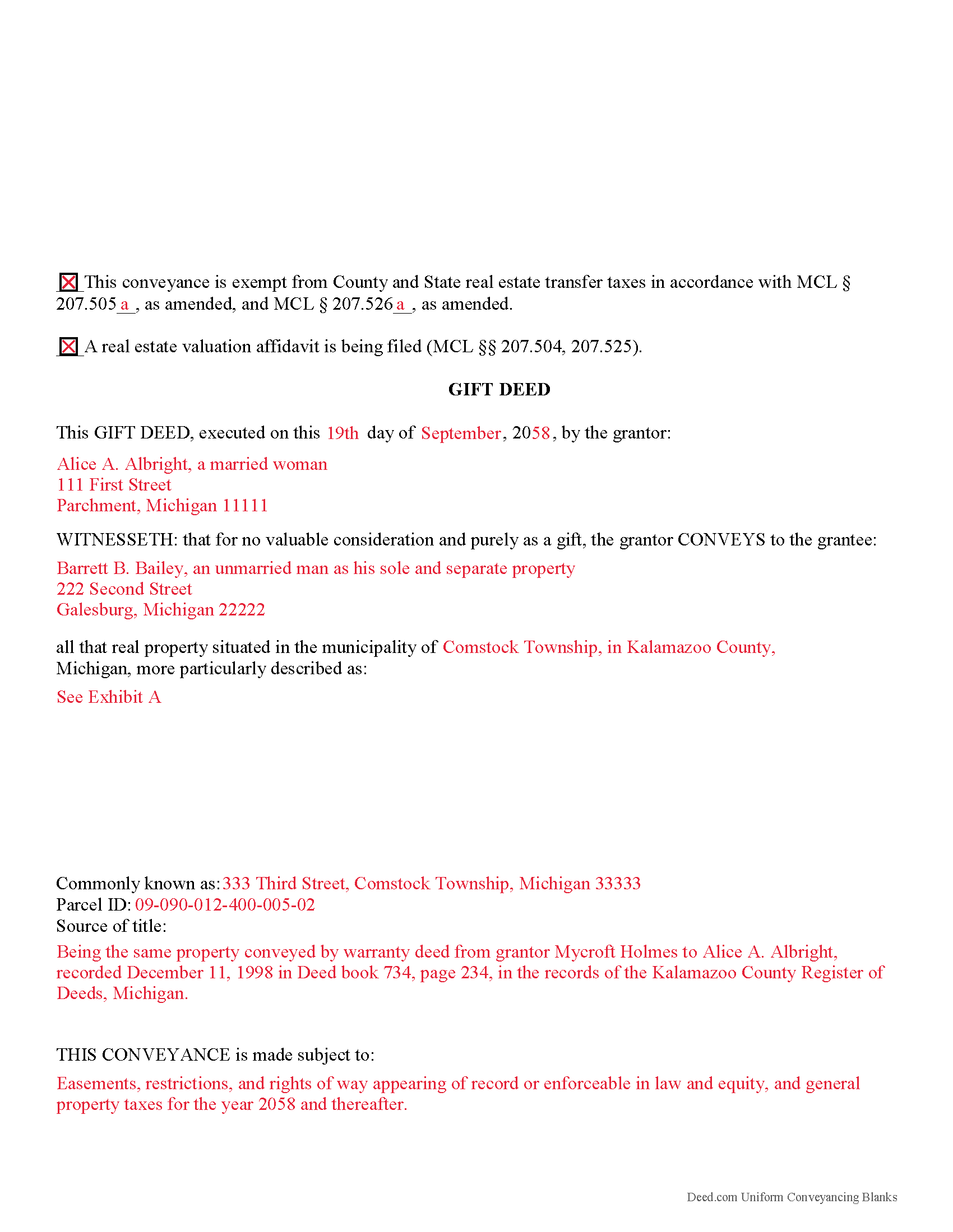Genesee County Completed Example of the Gift Deed Document