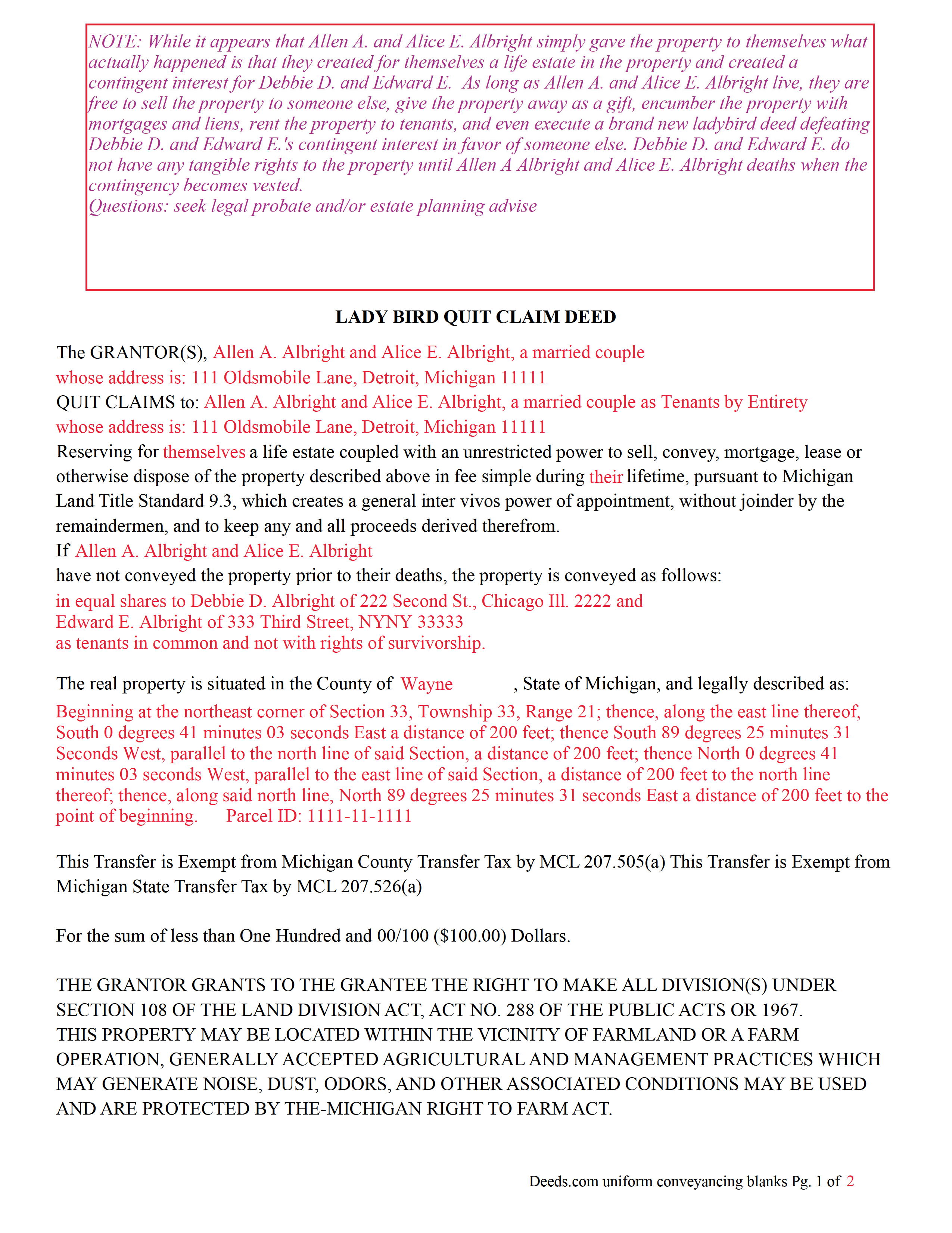 Completed Example Version 1 of the Lady Bird Quitclaim Deed Document