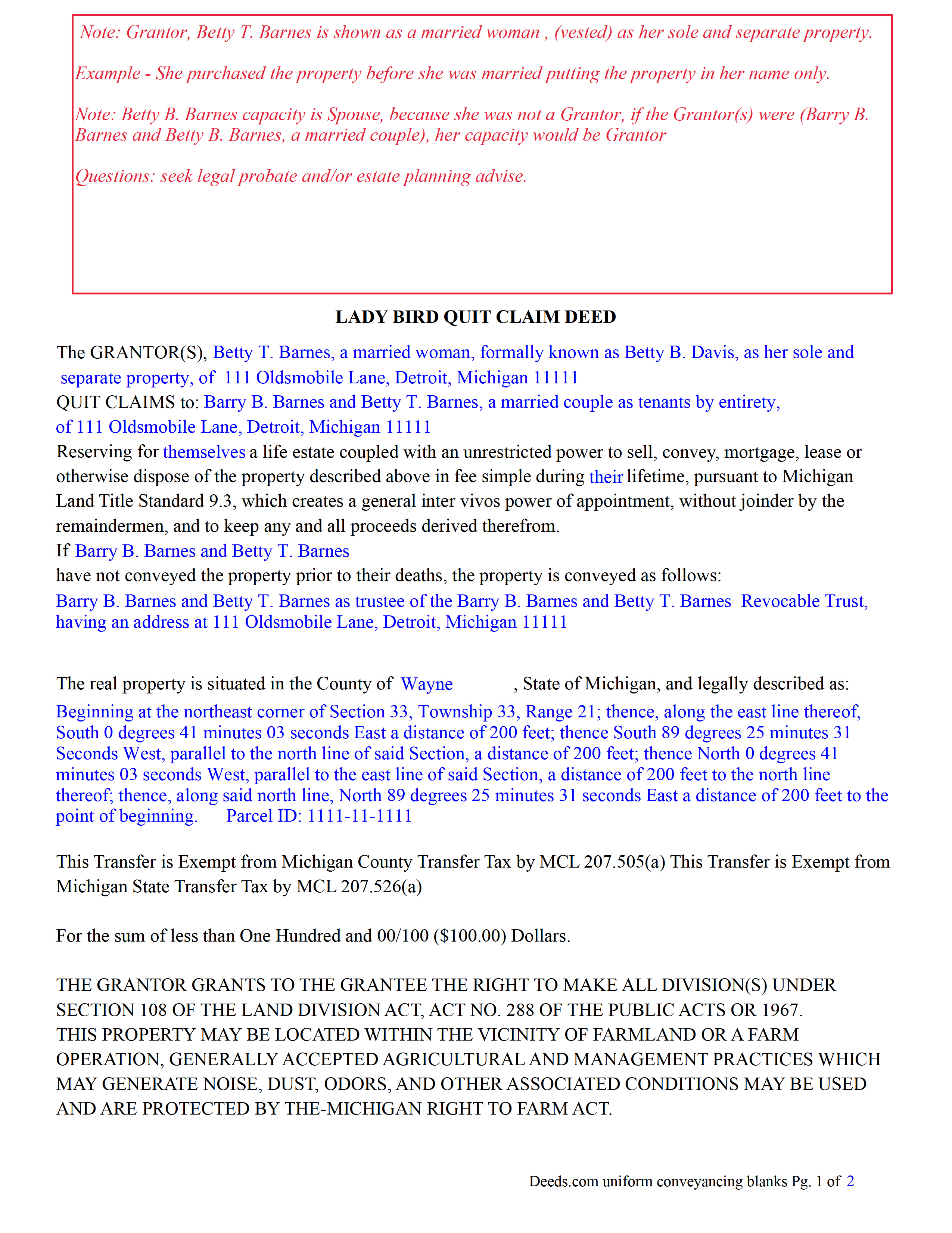 Completed Example Version 2 of the Lady Bird Quitclaim Deed Document