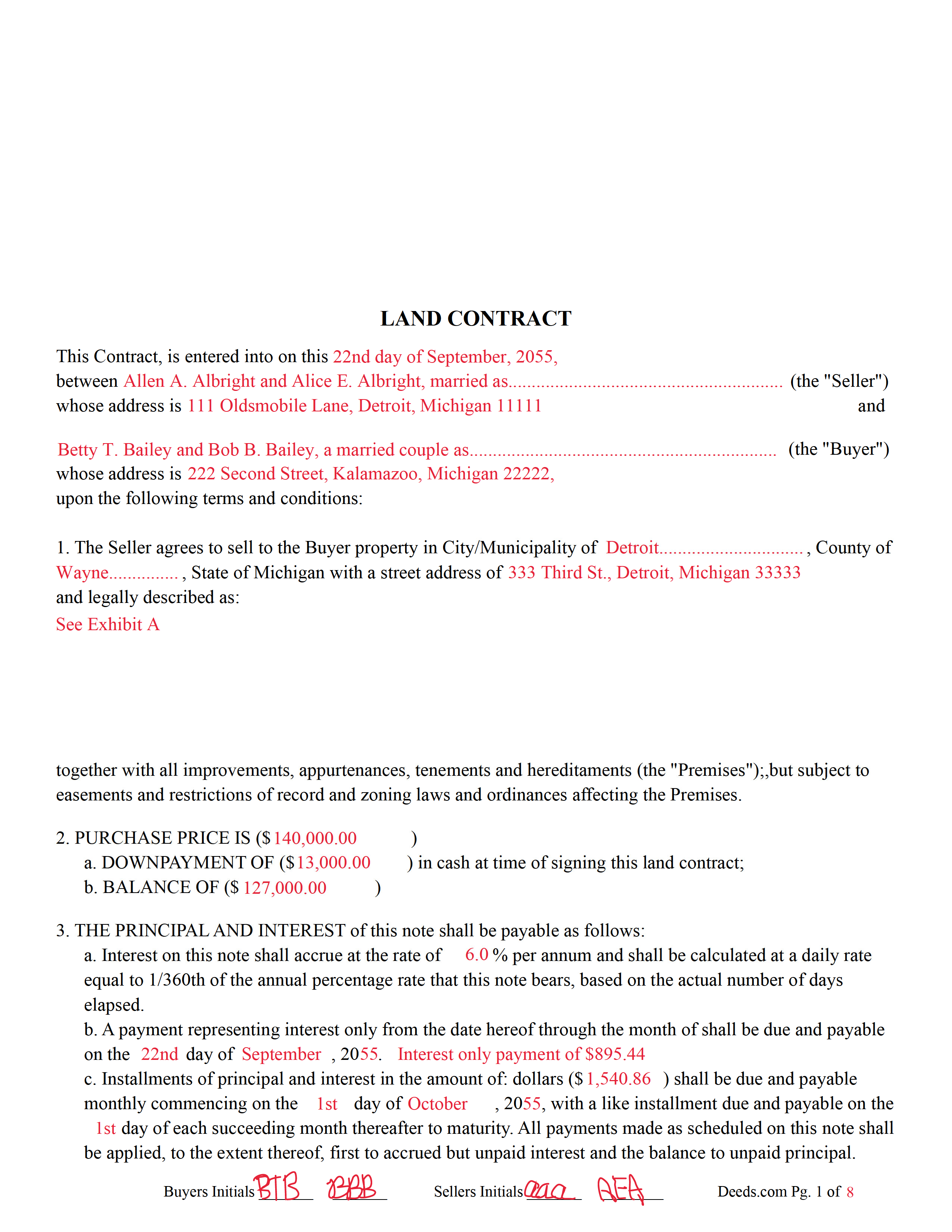 Completed Example of the Land Contract Document