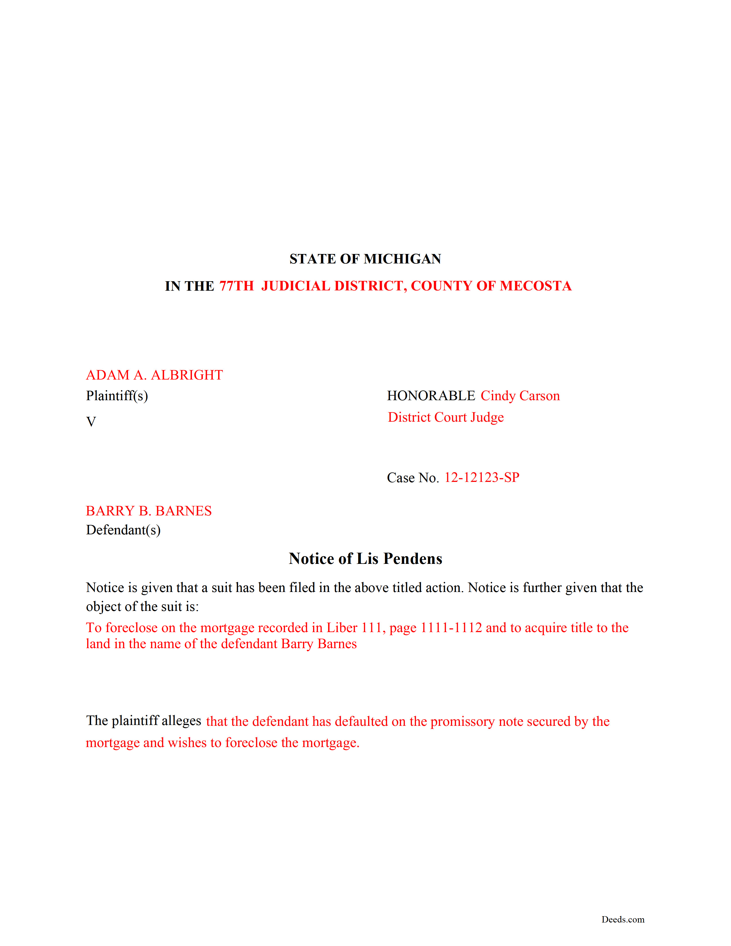 Newaygo County Completed Example of the Lis Pendens Release Document