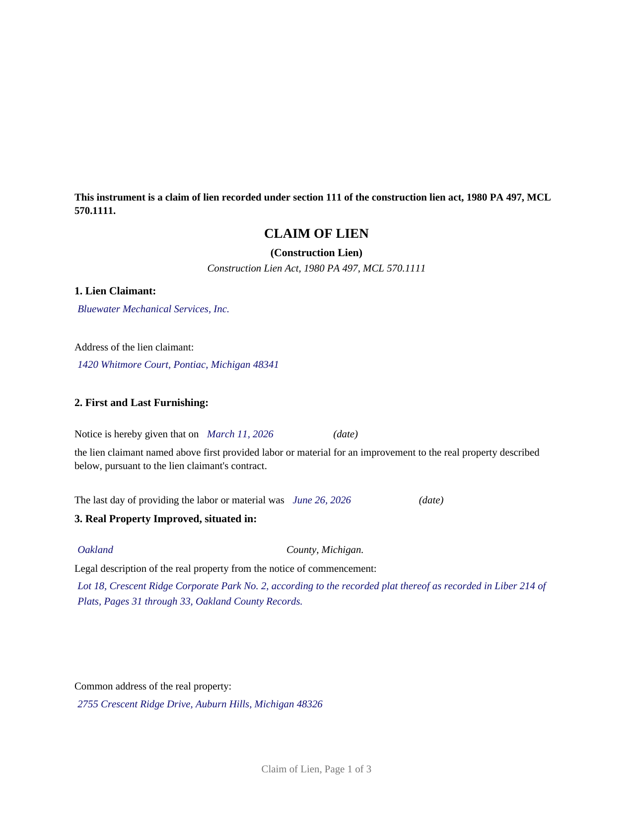 Newaygo County Completed Example of the Mechanics Lien (Claim of Lien) Document