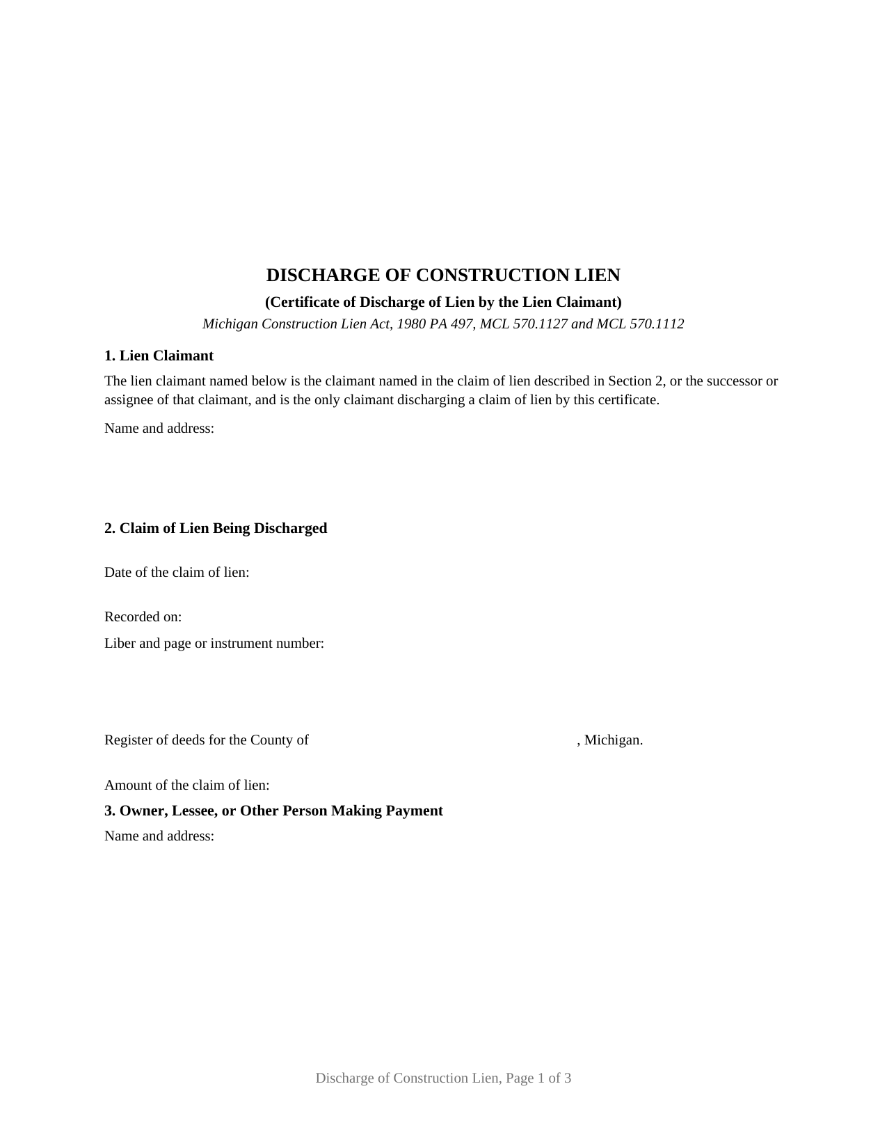 Lenawee County Mechanics Lien (Discharge of Lien) Form