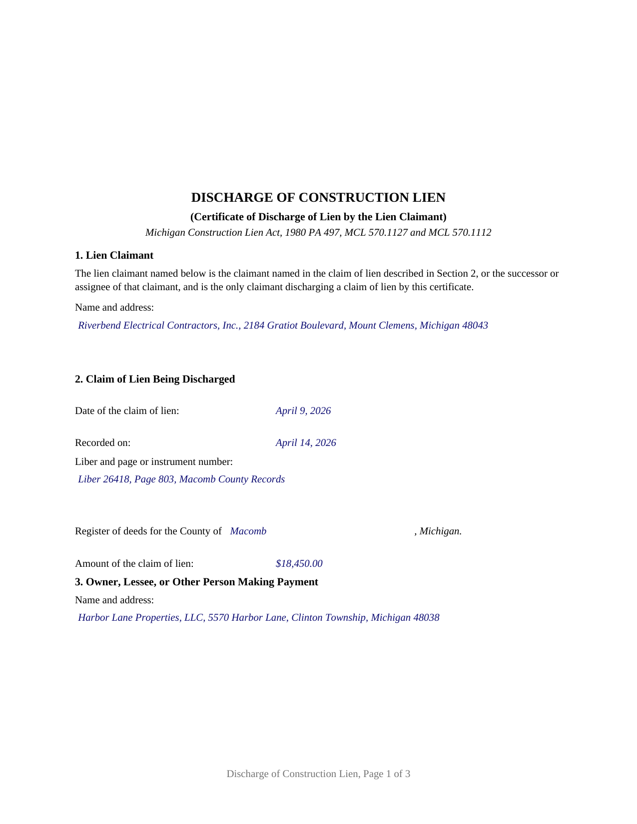 Lenawee County Completed Example of the Mechanics Lien (Discharge of Lien) Document