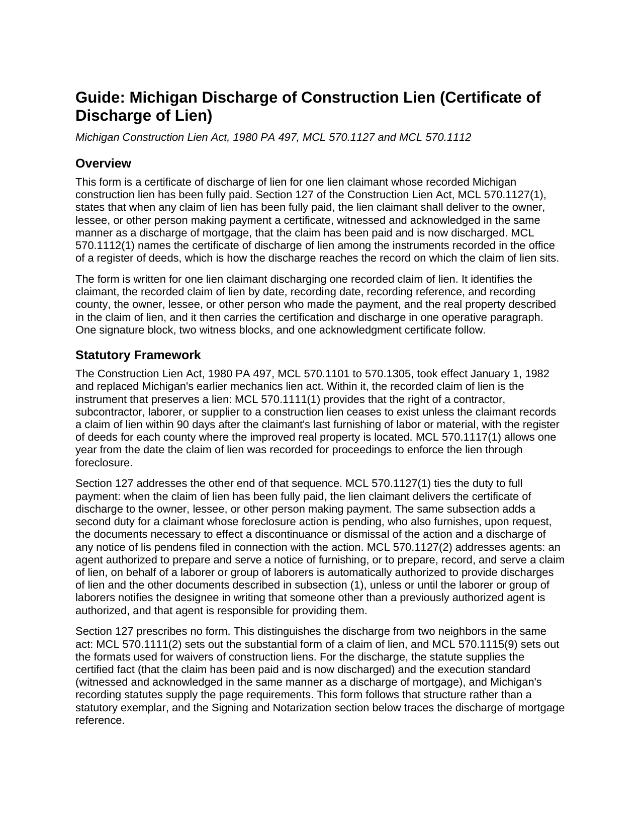 Lenawee County Mechanics Lien (Discharge of Lien) Guide
