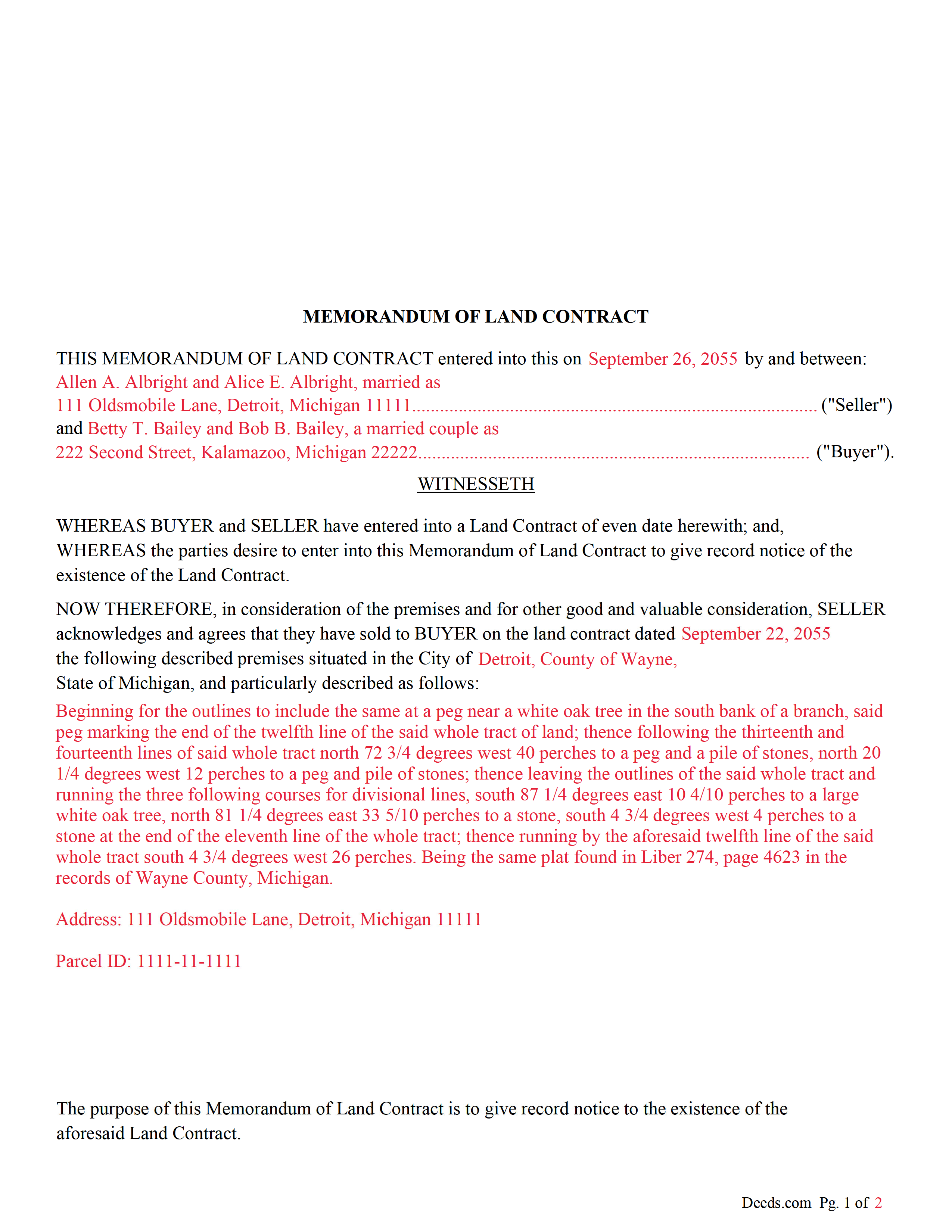 Completed Example of the Memorandum of Land Contract Document