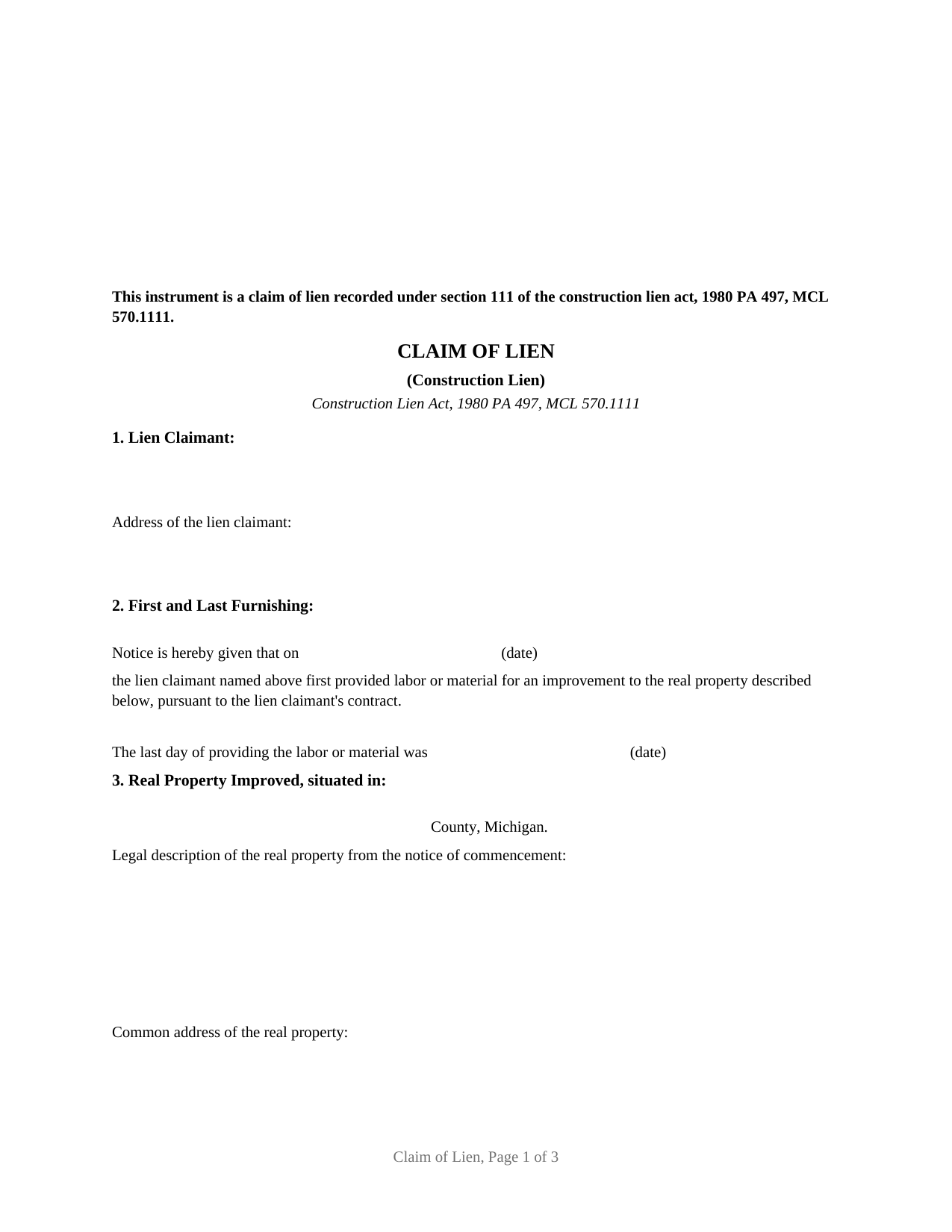Michigan Mechanics Lien (Claim of Lien)
