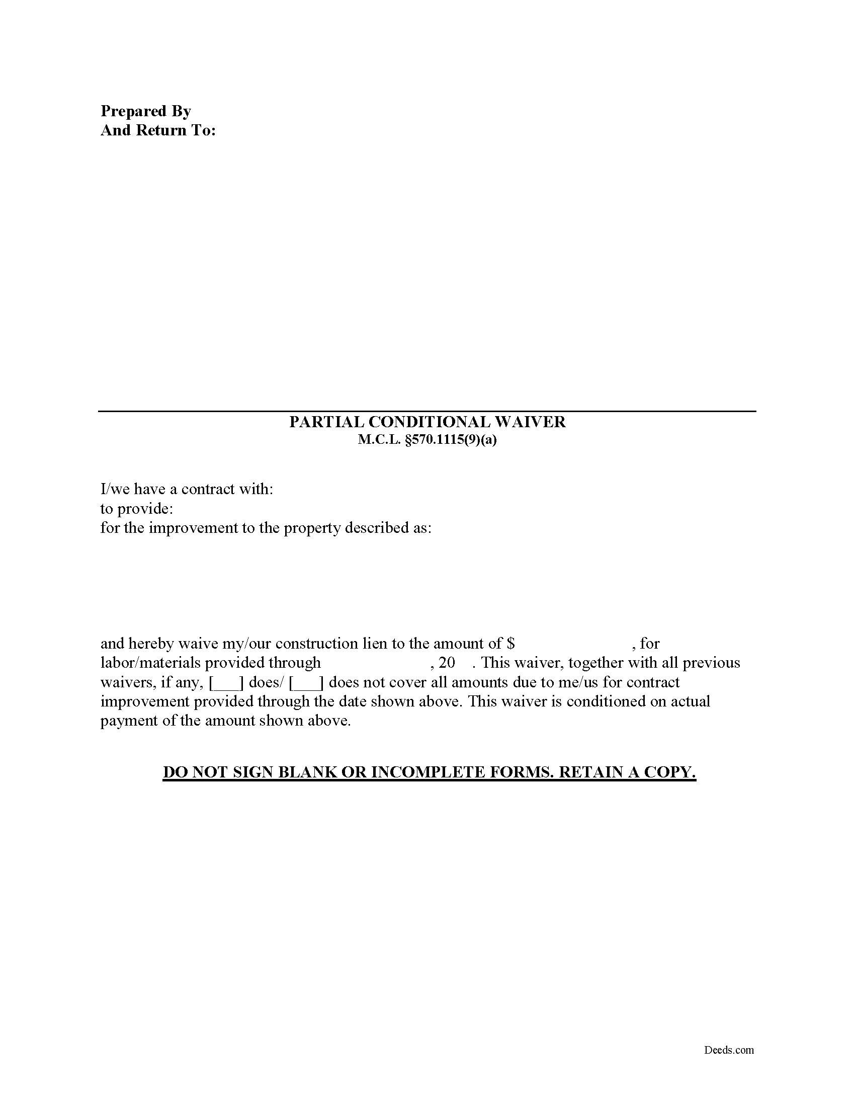 Michigan Partial Conditional Waiver of Lien Image