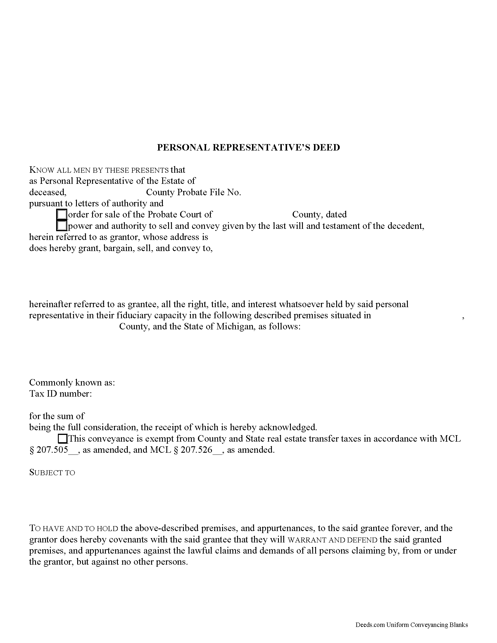 Michigan Personal Representative Deed Image