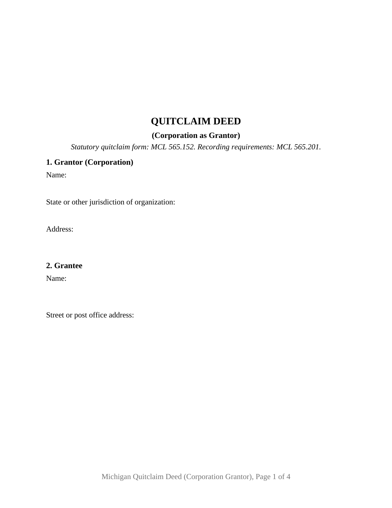 Michigan Quitclaim Deed (Corporation Grantor)