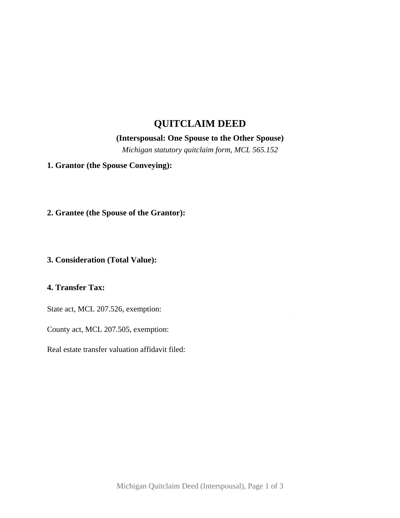 Michigan Quitclaim Deed (Interspousal)